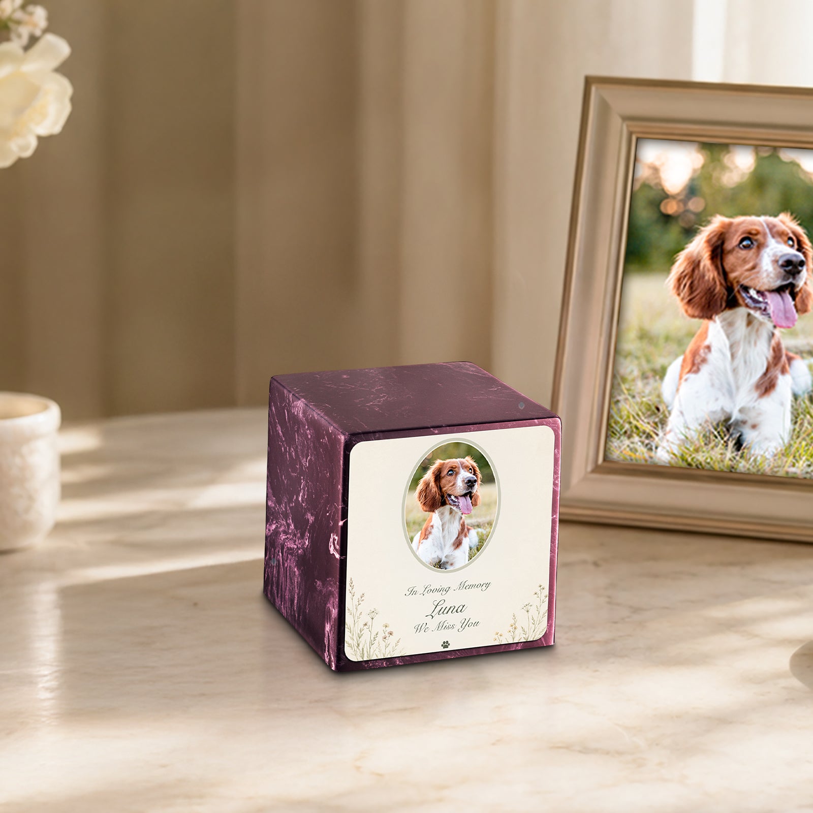 Small Cube Pet Portrait Tribute Merlot Cultured Marble Pet Cremation Urn by MacKenzie