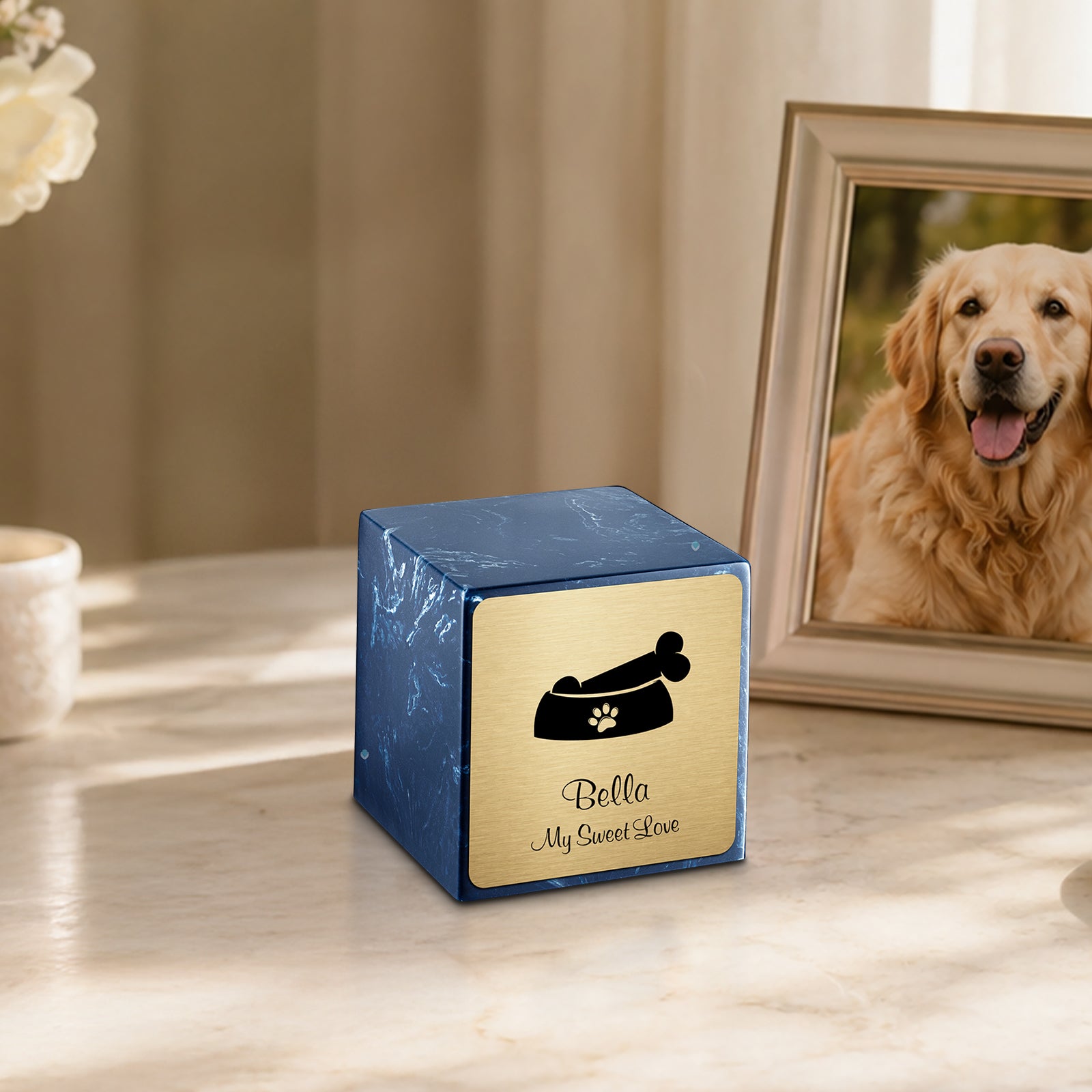 Small Cube Dog Bone Navy Cultured Marble Pet Cremation Urn by MacKenzie