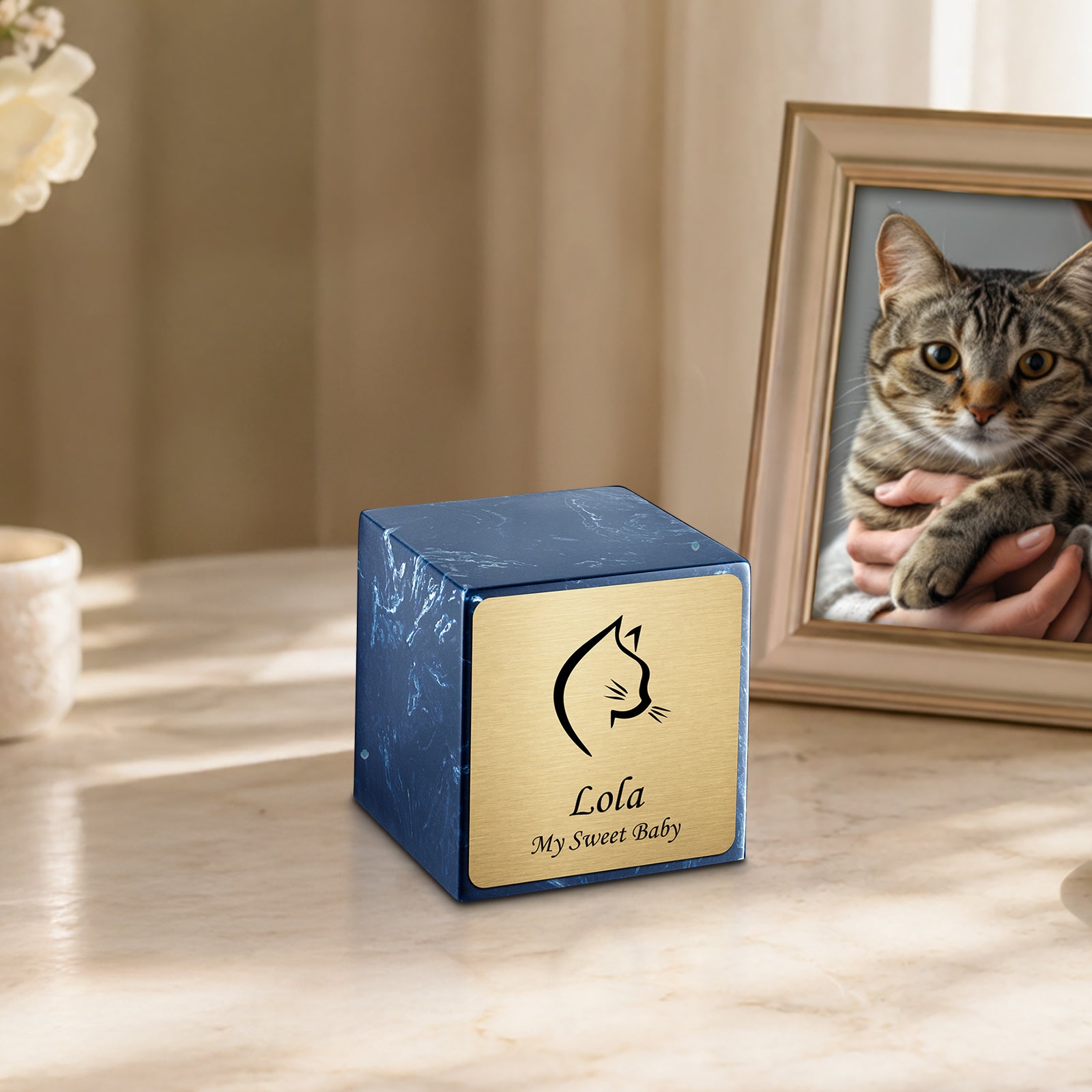 Small Cube Cat Head Navy Cultured Marble Pet Cremation Urn by MacKenzie