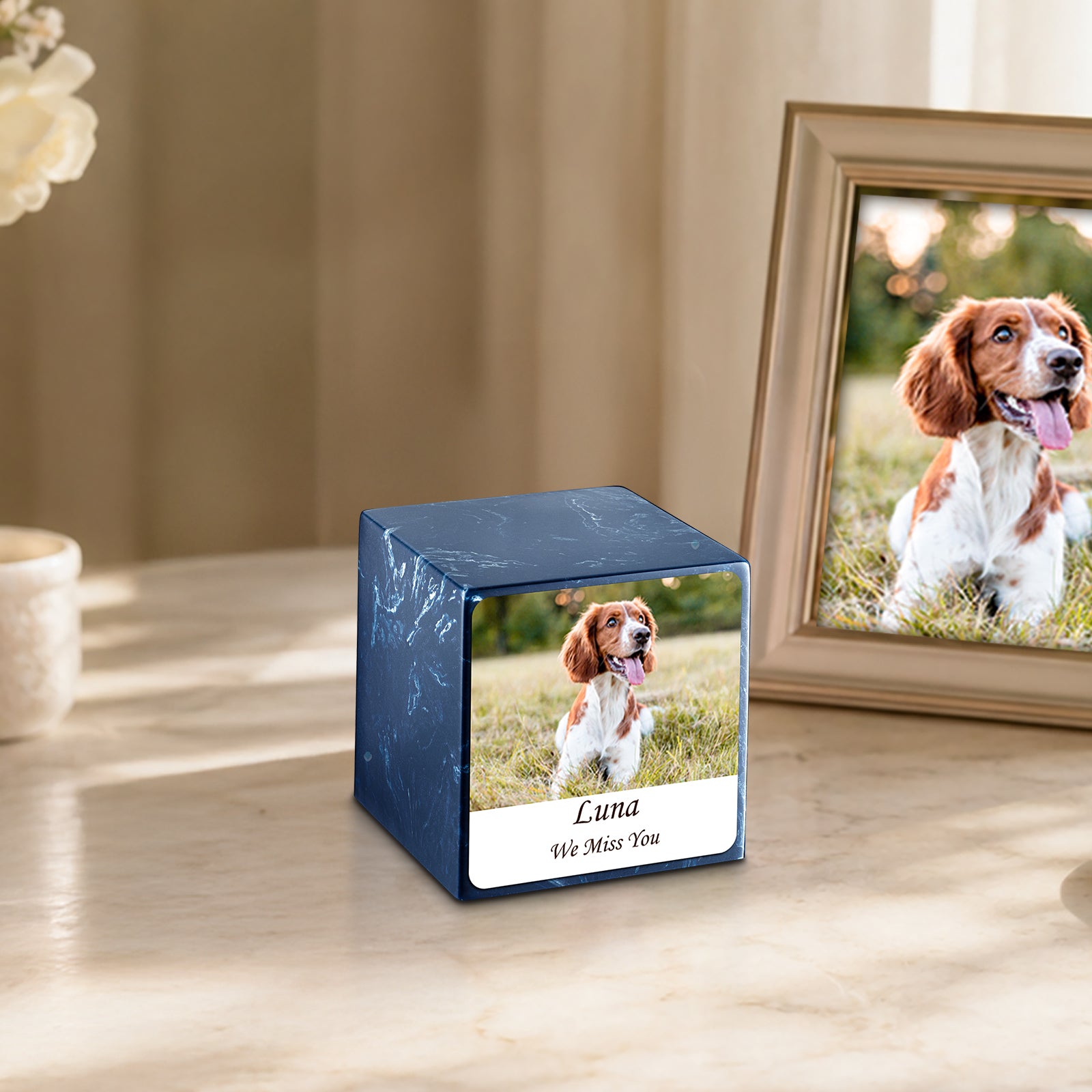 Small Cube Custom Pet Photo Navy Cultured Marble Pet Cremation Urn by MacKenzie