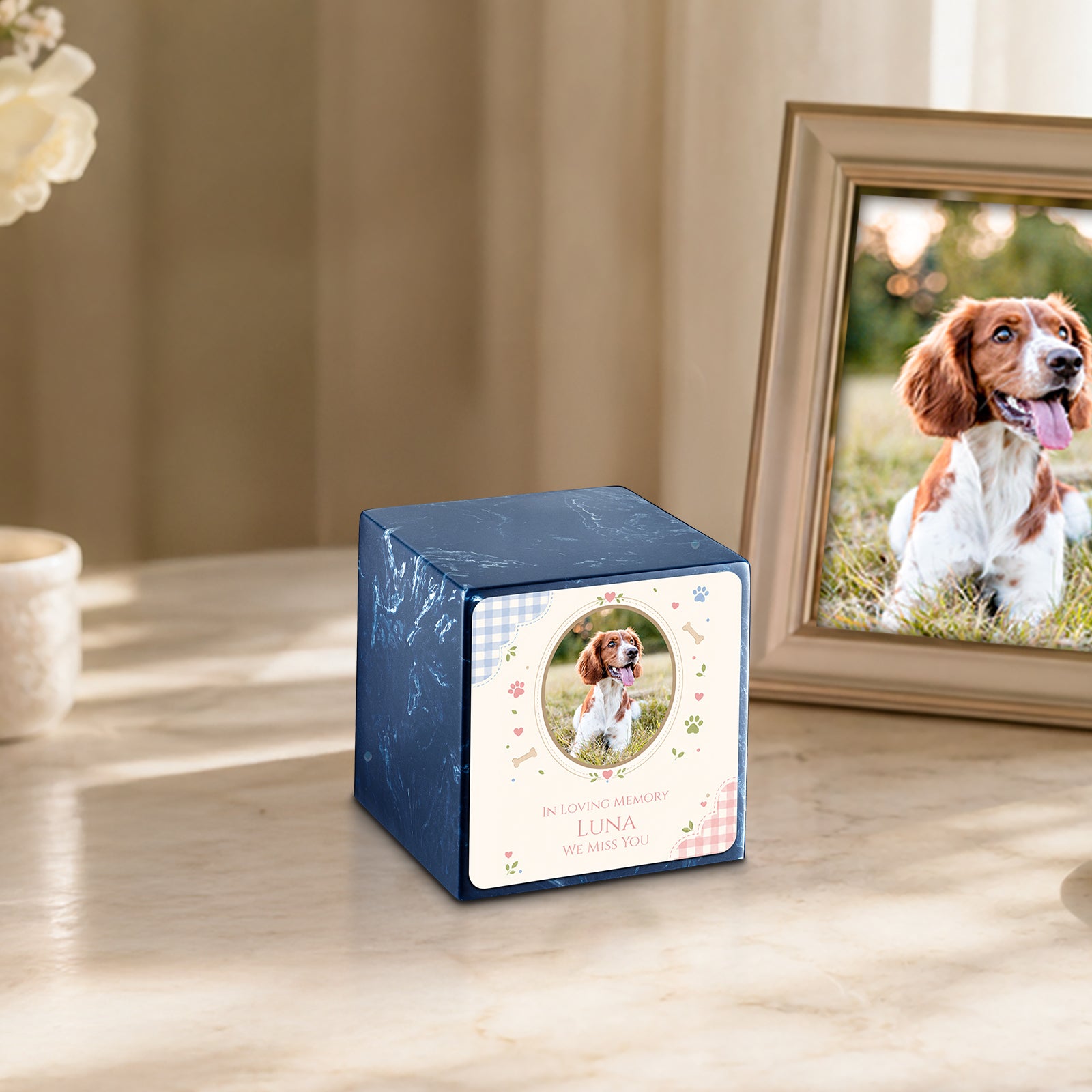 Small Cube Custom Pet Memorial Navy Cultured Marble Pet Cremation Urn by MacKenzie