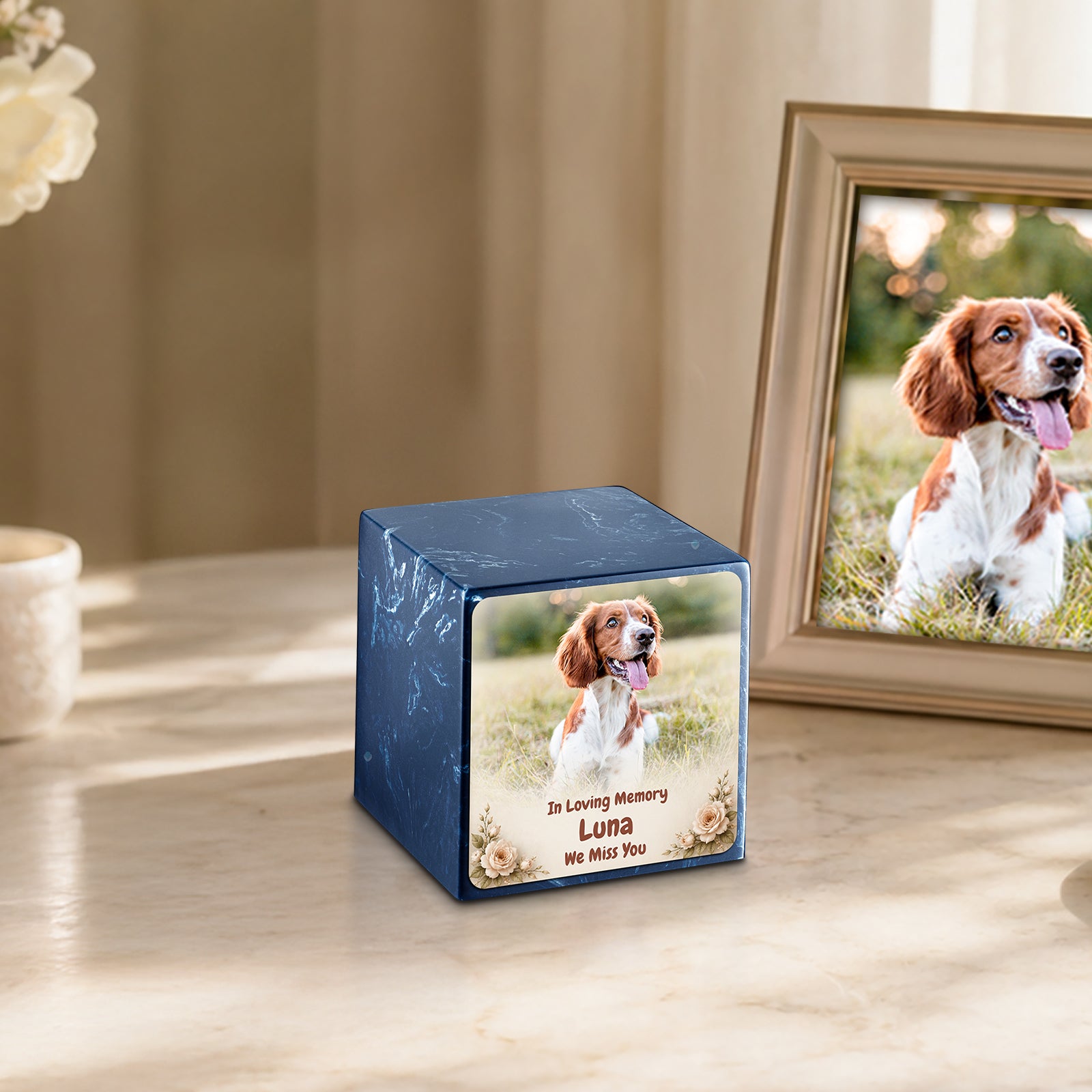 Small Cube Personalized Pet Photo Navy Cultured Marble Pet Cremation Urn by MacKenzie