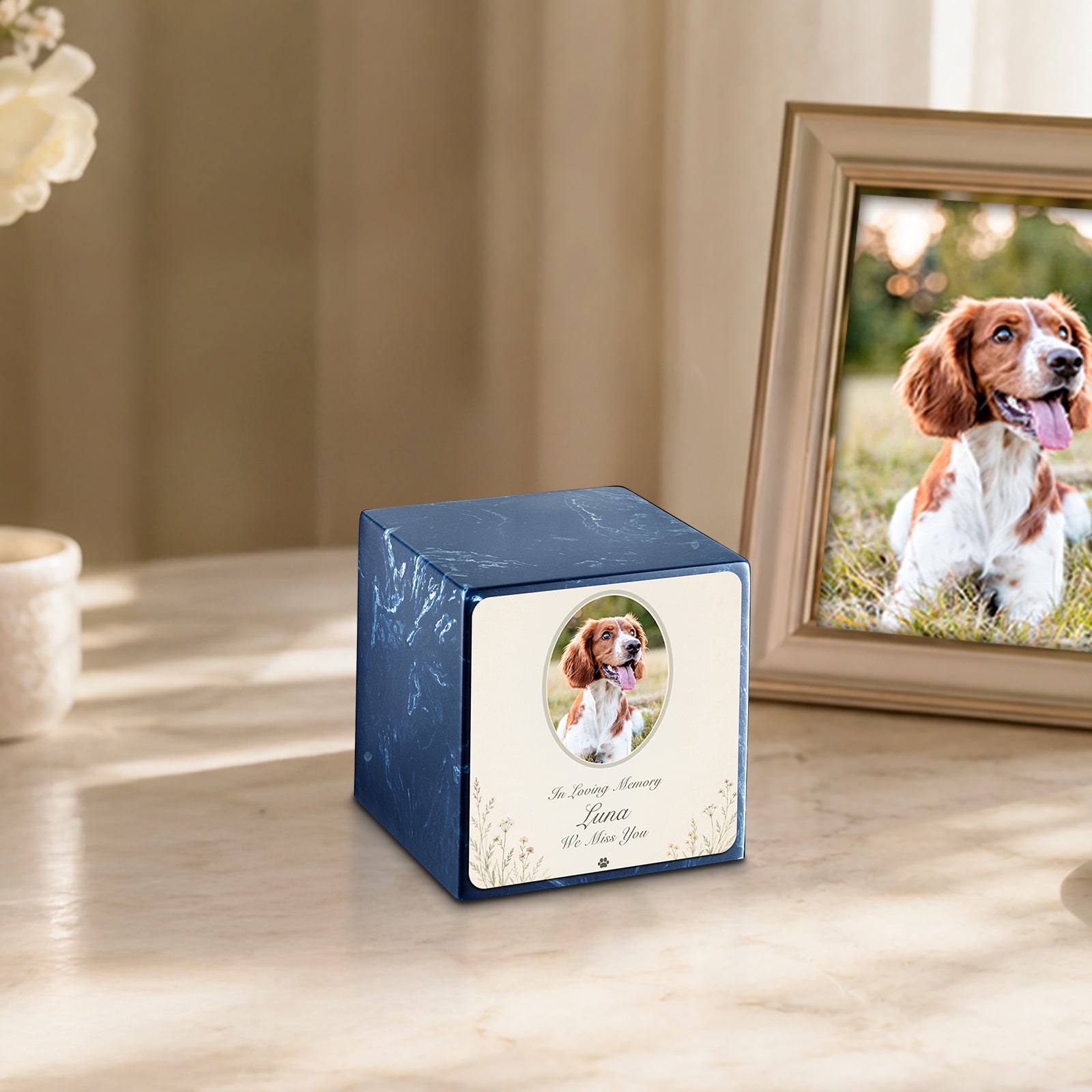 Small Cube Pet Portrait Tribute Navy Cultured Marble Pet Cremation Urn by MacKenzie
