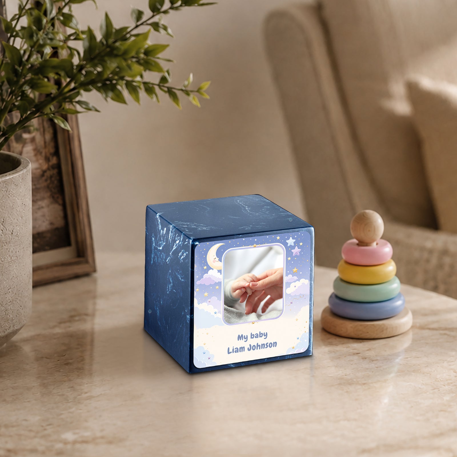 Small Cube Moon and Stars Navy Cultured Marble Child Cremation Urn by MacKenzie