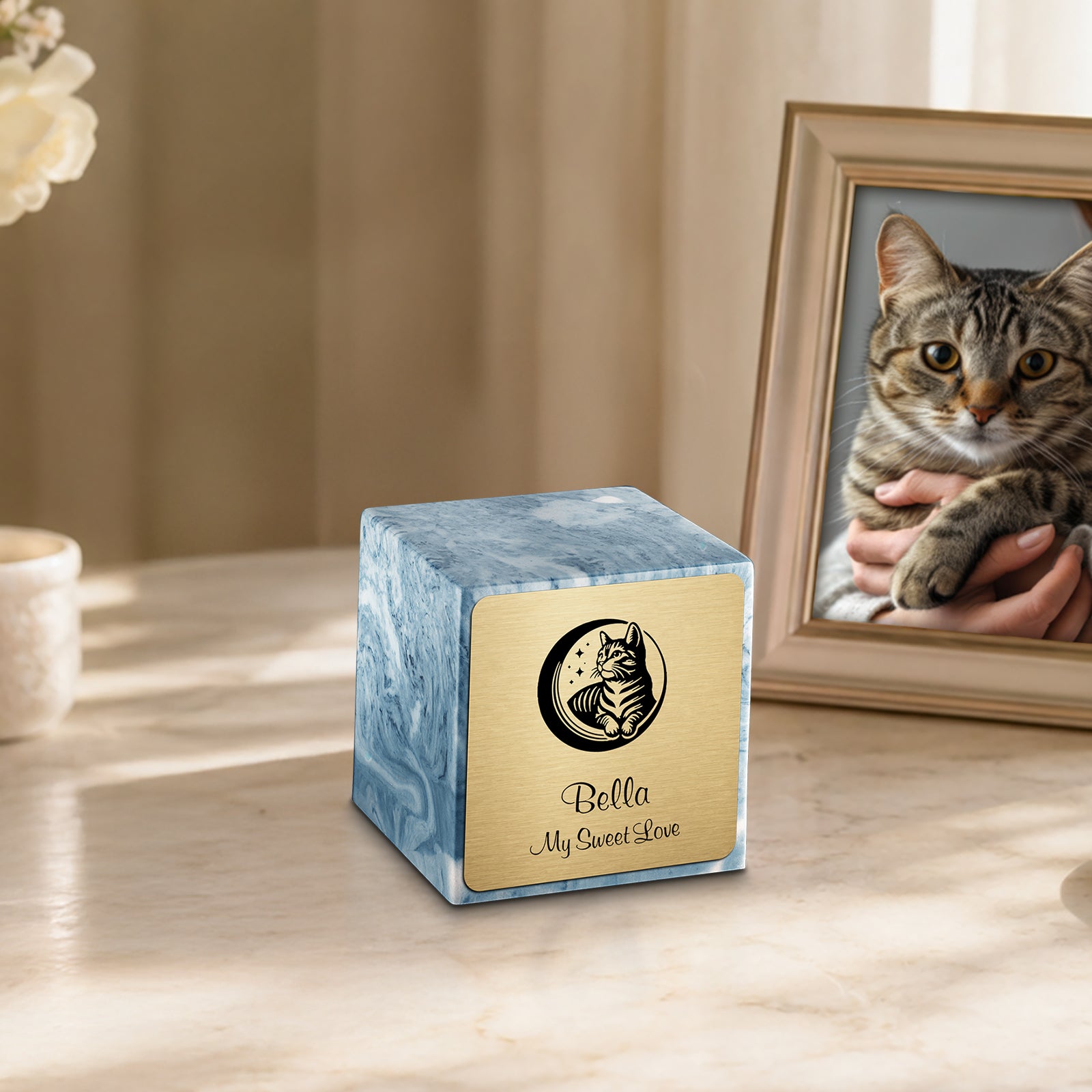 Small Cube Cat Sky Blue Cultured Marble Pet Cremation Urn by MacKenzie