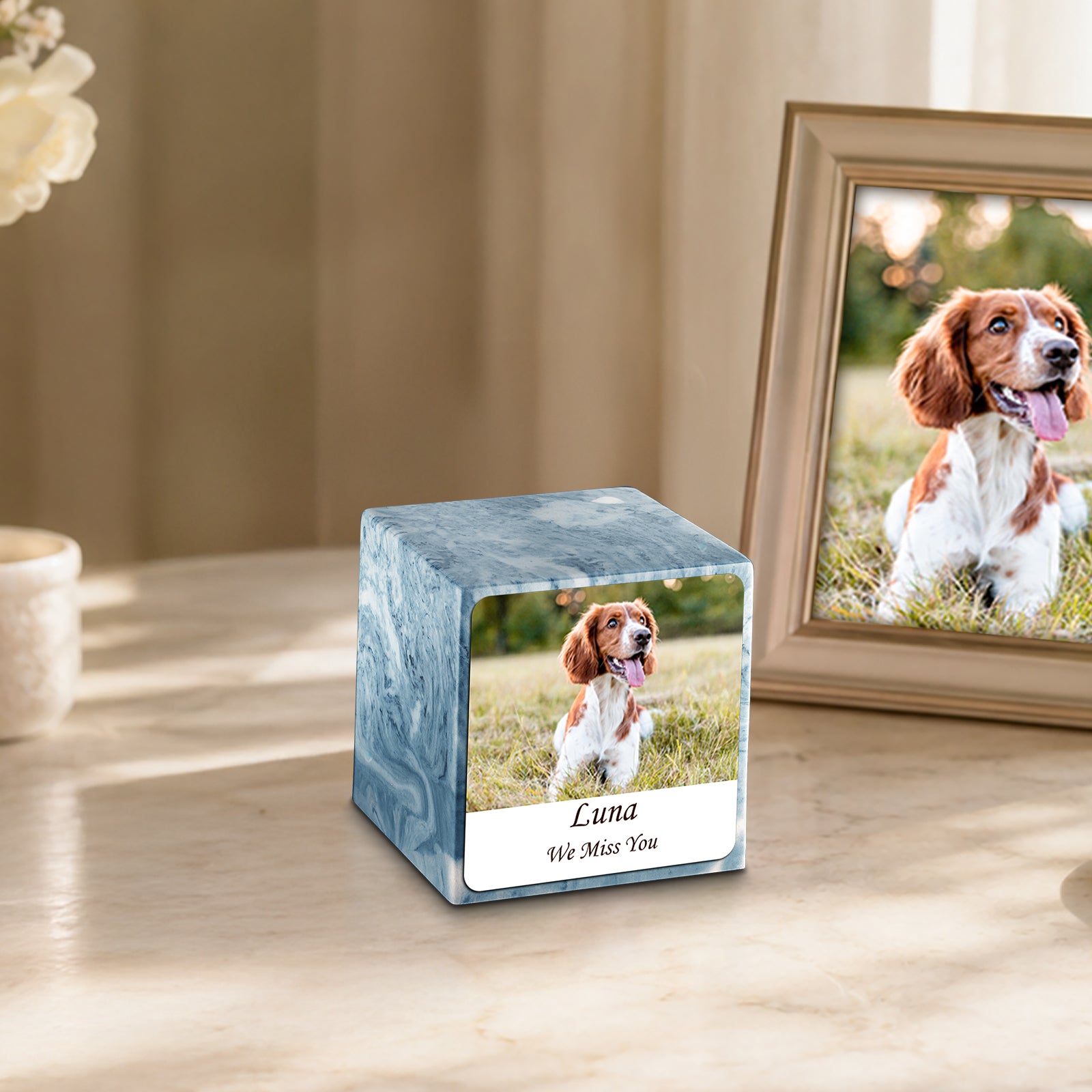 Small Cube Custom Pet Photo Sky Blue Cultured Marble Pet Cremation Urn by MacKenzie