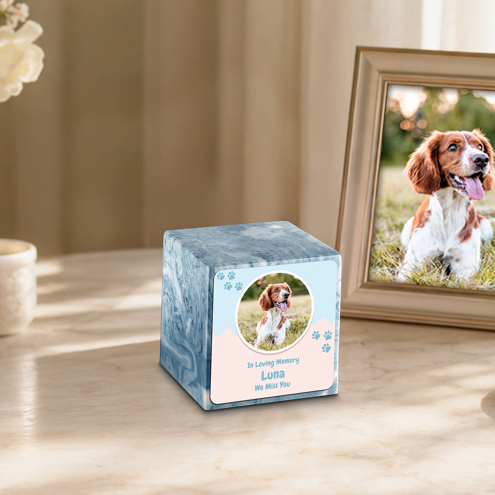 Small Cube Pet Portrait Berry Cultured Marble Pet Cremation Urn by MacKenzie