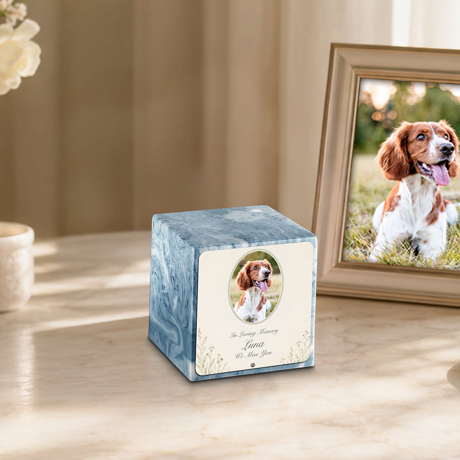 Small Cube Pet Portrait Tribute Sky Blue Cultured Marble Pet Cremation Urn by MacKenzie