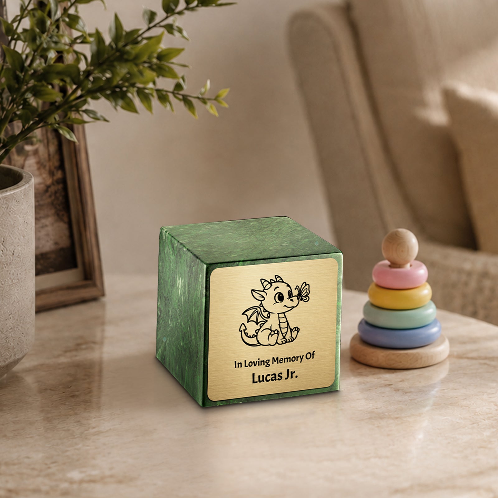 Small Cube Baby Dragon Verde Cultured Marble Child Cremation Urn by MacKenzie