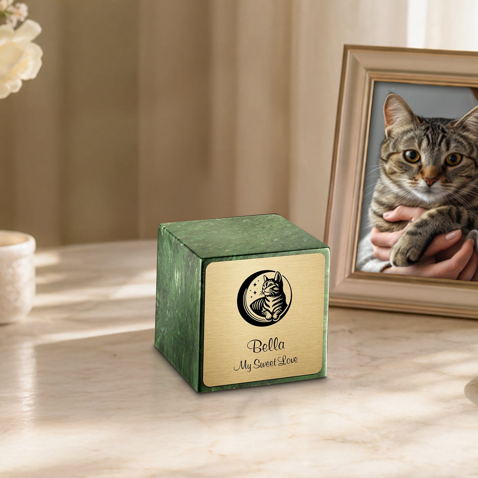 Small Cube Cat Verde Cultured Marble Pet Cremation Urn by MacKenzie
