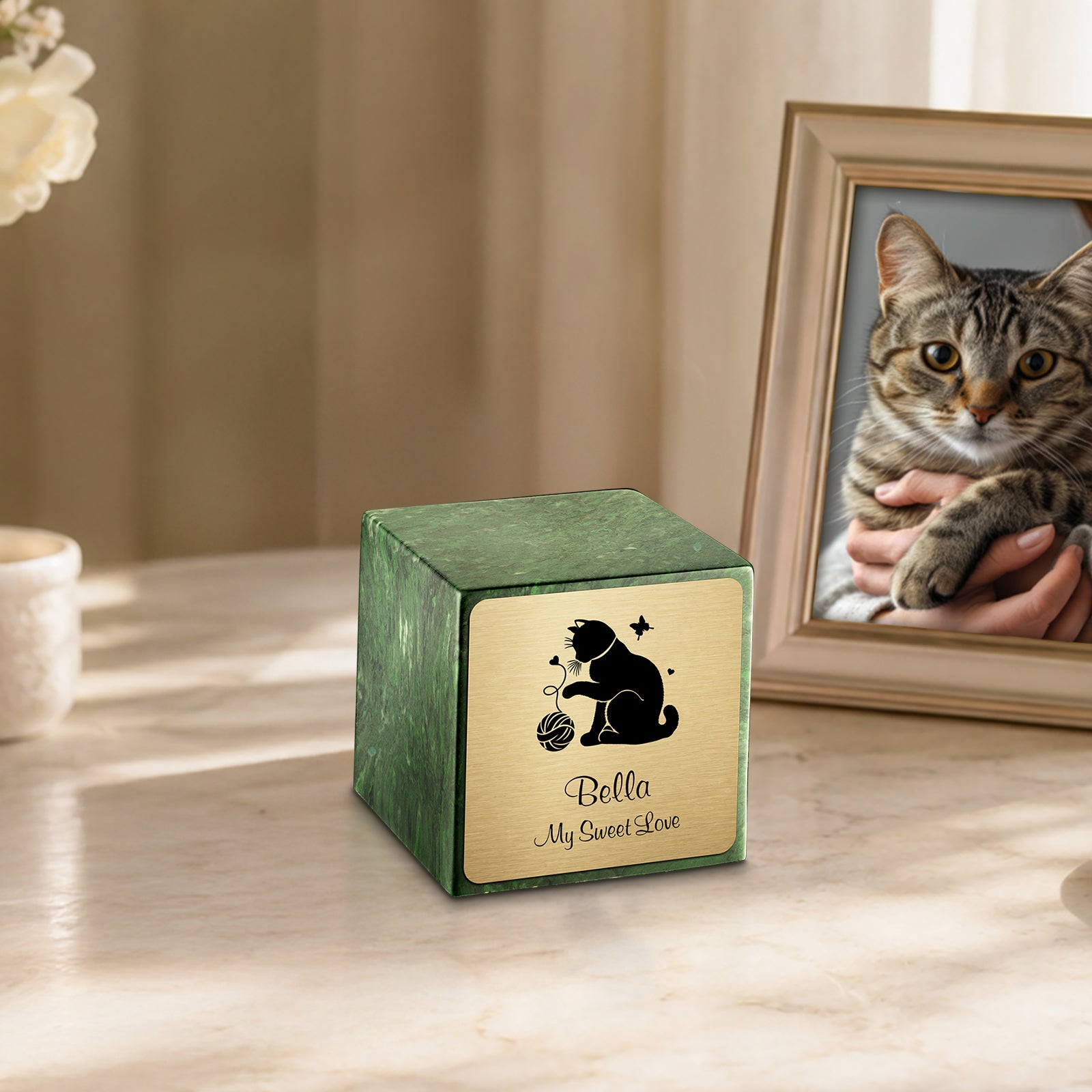 Small Cube Fun Cat Verde Cultured Marble Pet Cremation Urn by MacKenzie