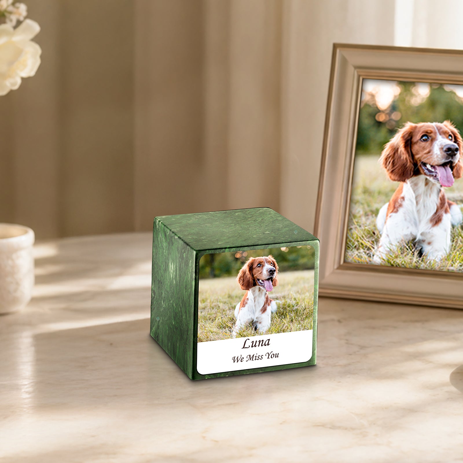 Small Cube Custom Pet Photo Verde Cultured Marble Pet Cremation Urn by MacKenzie