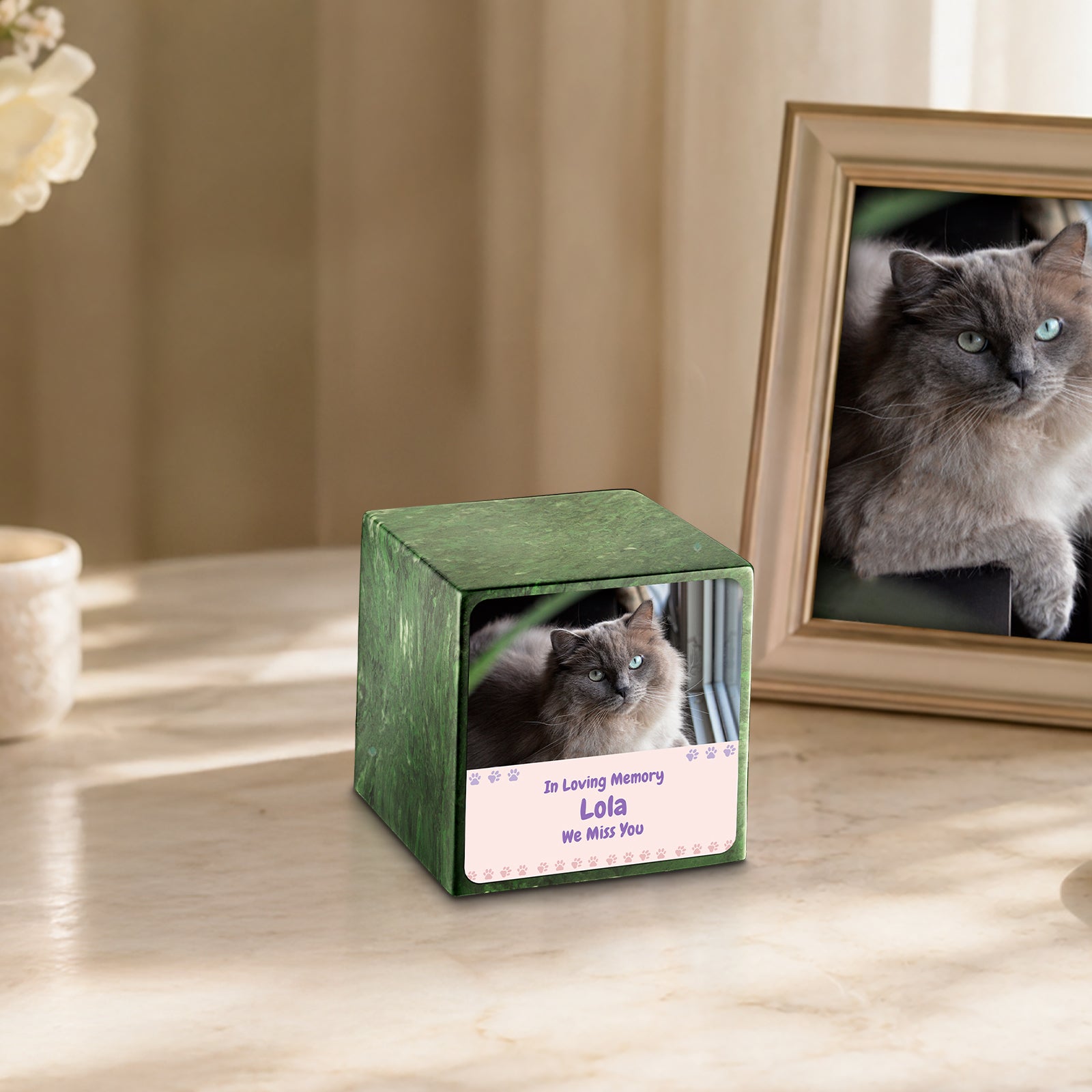 Small Cube Pet Photo Memorial Verde Cultured Marble Pet Cremation Urn by MacKenzie