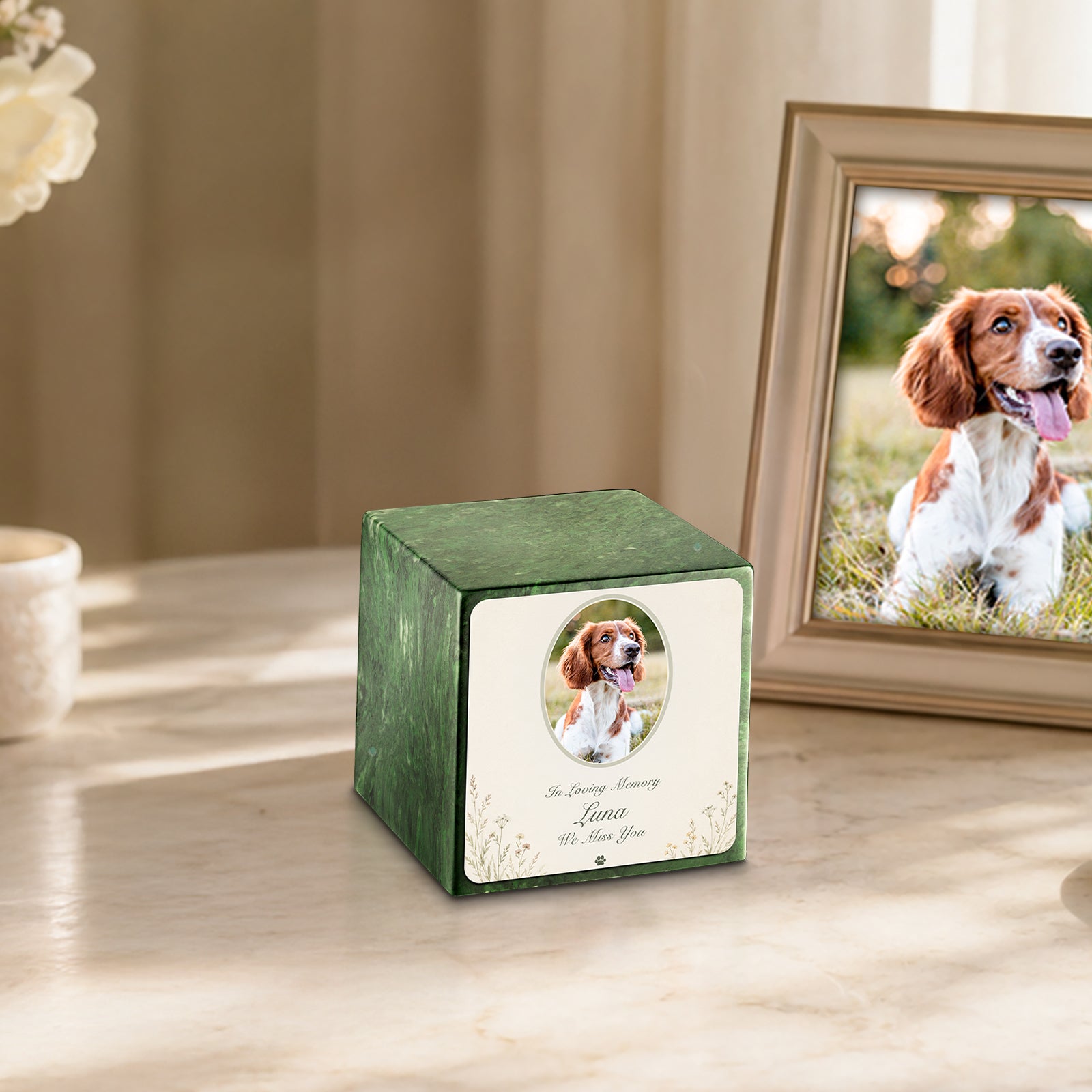 Small Cube Pet Portrait Tribute Verde Cultured Marble Pet Cremation Urn by MacKenzie