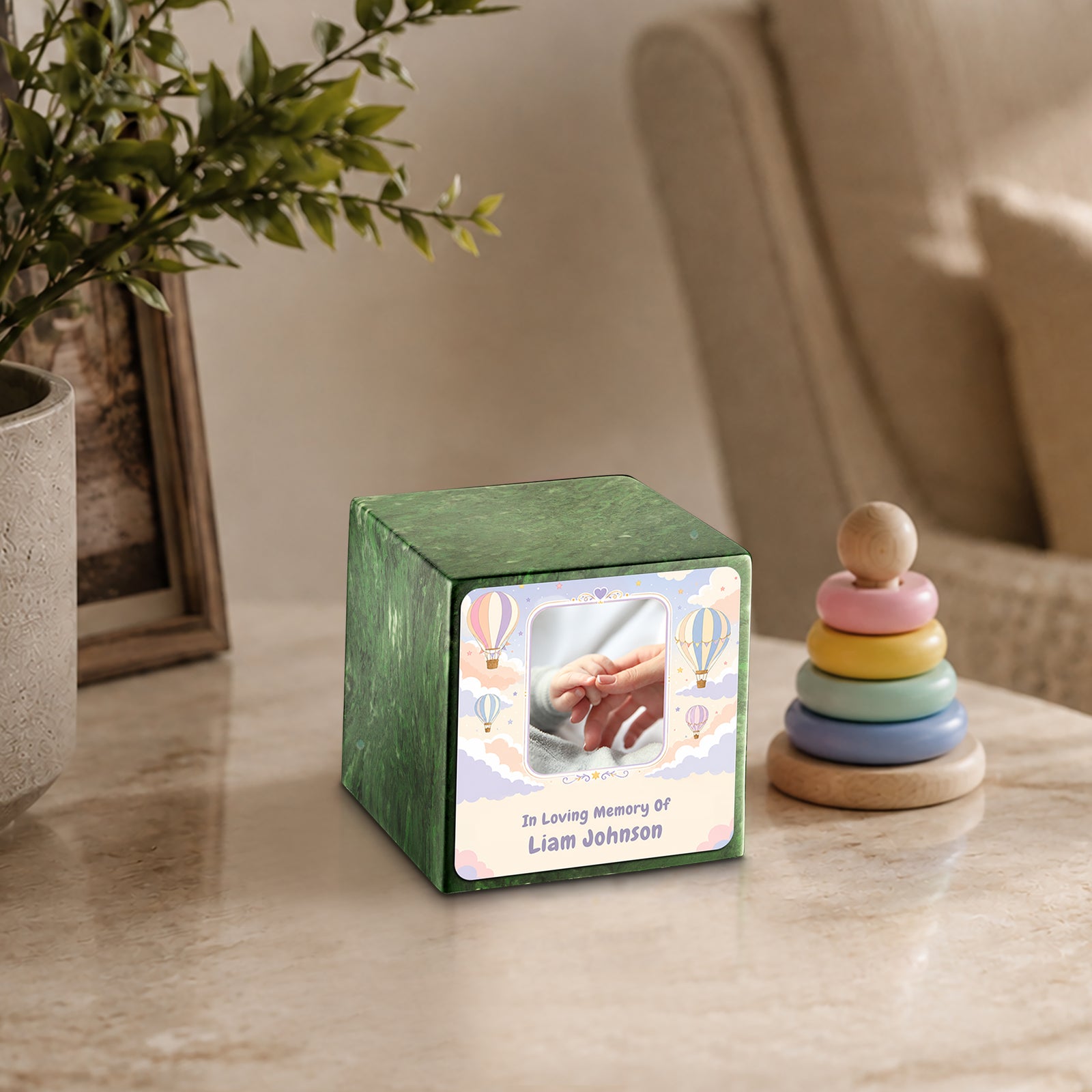 Small Cube Hot Air Balloons Verde Cultured Marble Child Cremation Urn by MacKenzie