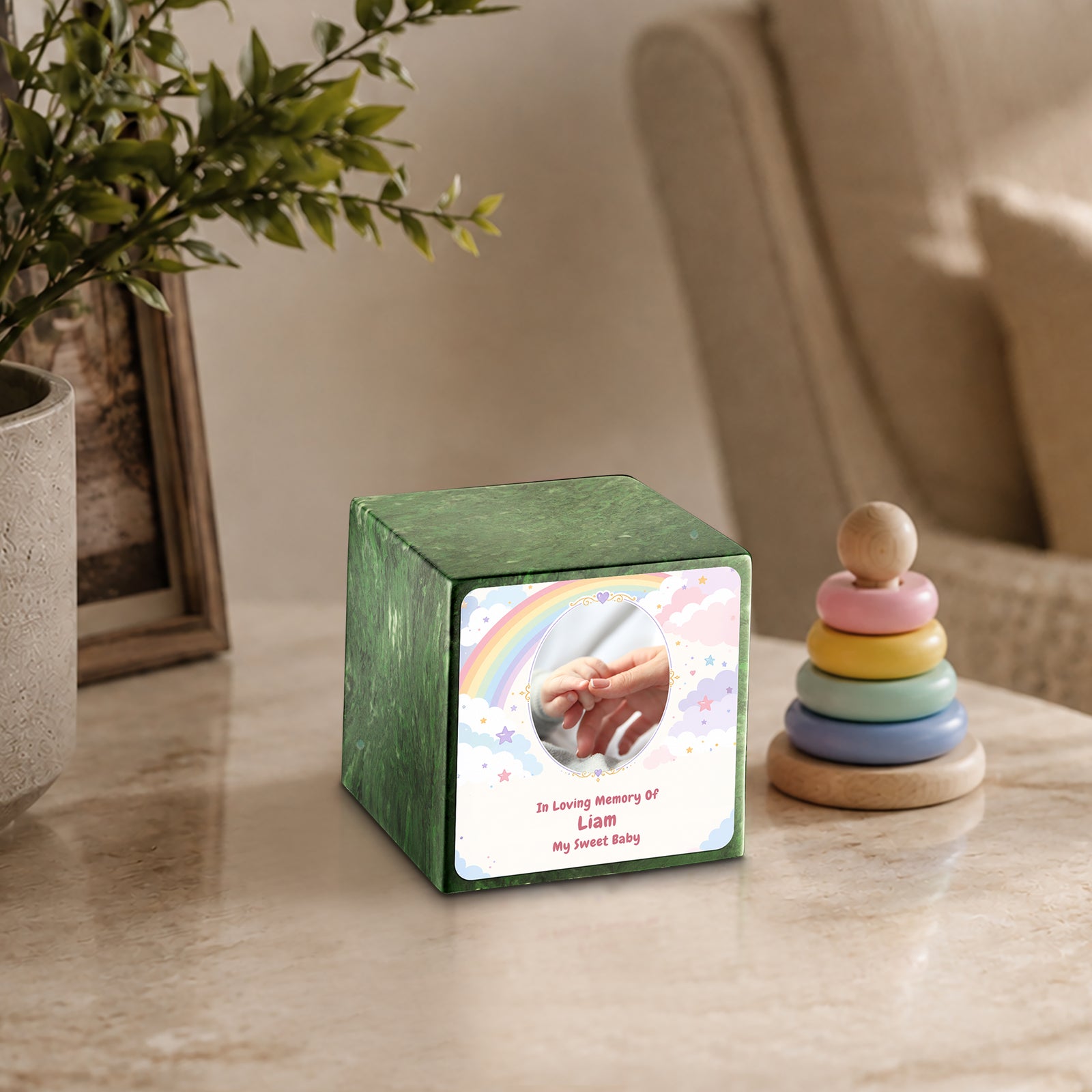 Small Cube Rainbow and Clouds Verde Cultured Marble Child Cremation Urn by MacKenzie