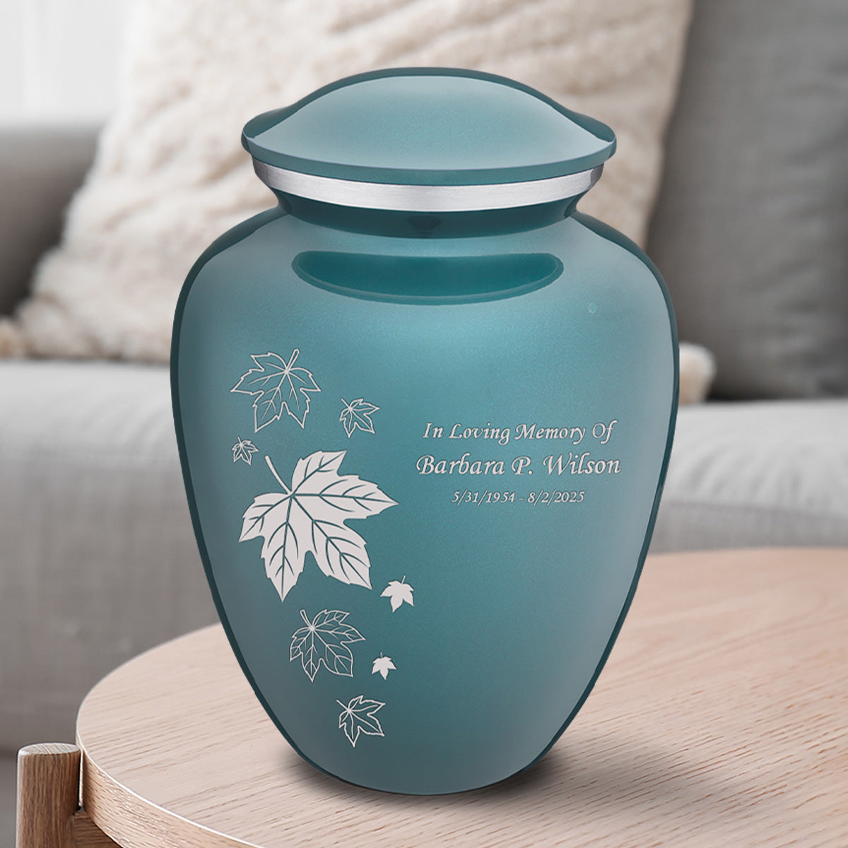 Adult Embrace Teal Falling Leaves Cremation Urn