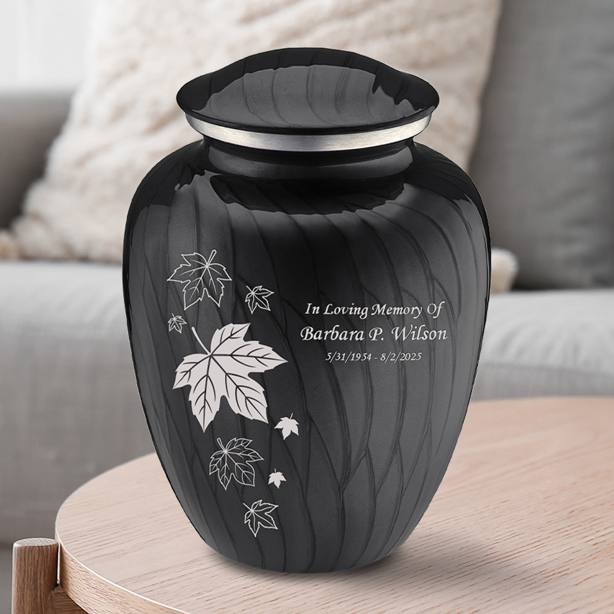 Adult Embrace Pearl Black Falling Leaves Cremation Urn