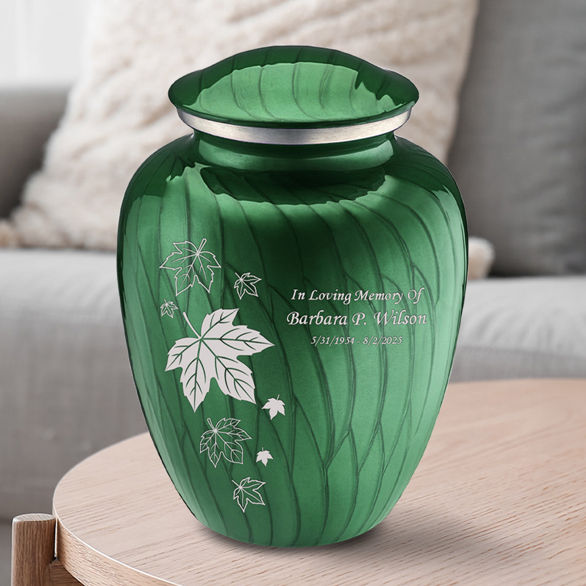 Adult Embrace Pearl Green Falling Leaves Cremation Urn