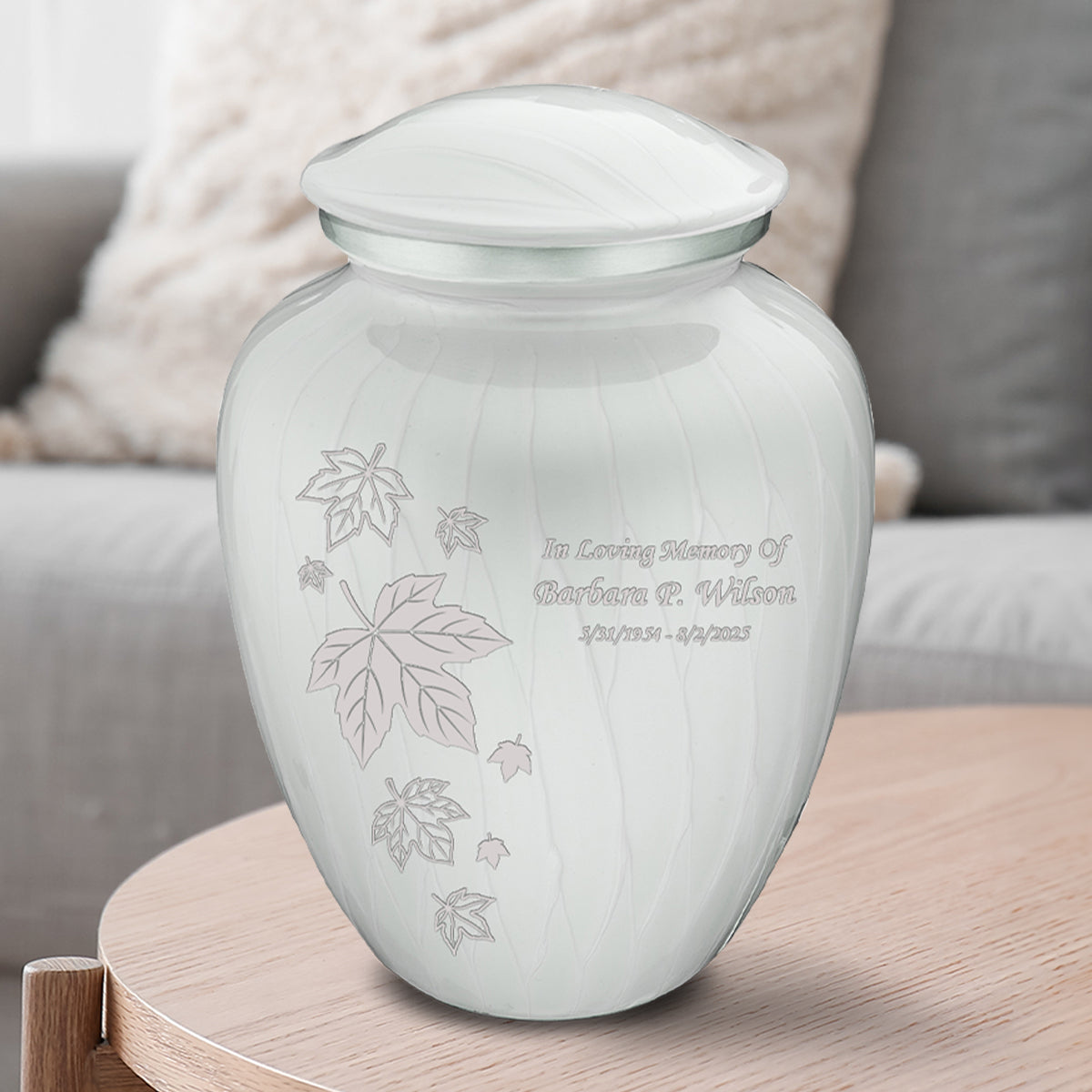 Adult Embrace Pearl White Falling Leaves Cremation Urn