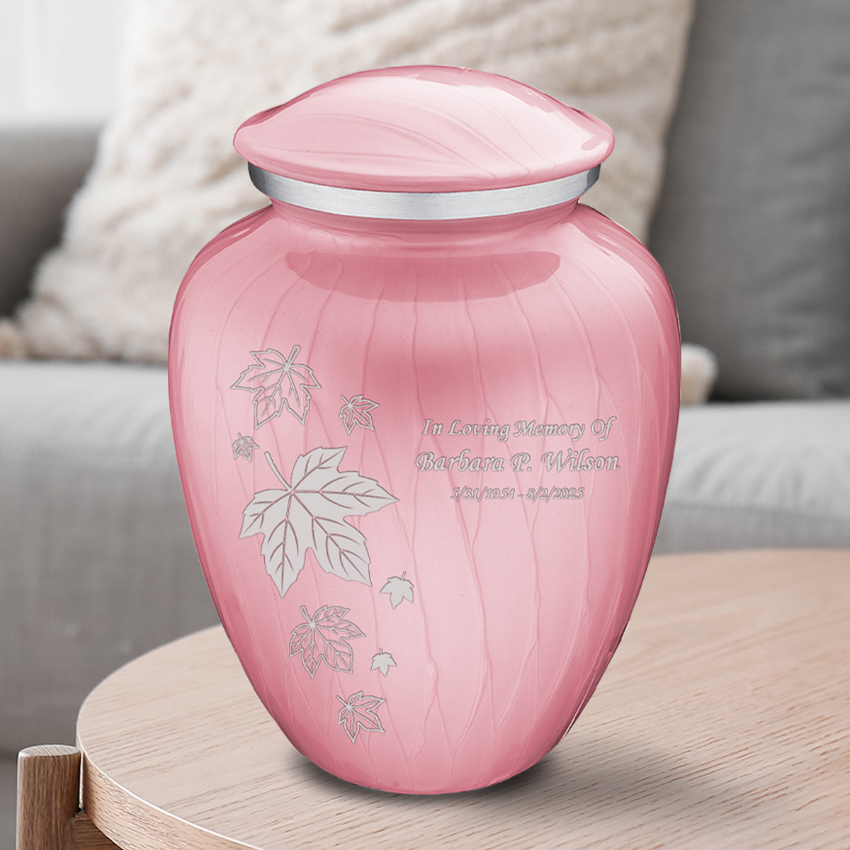 Adult Embrace Pearl Pink Falling Leaves Cremation Urn