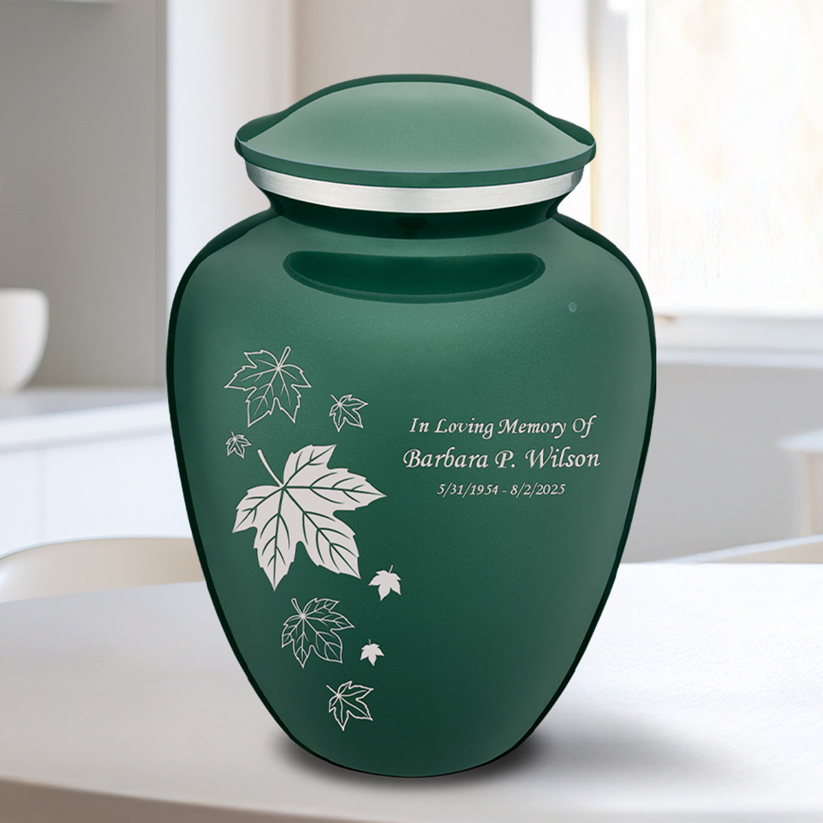 Medium Embrace Green Falling Leaves Cremation Urn