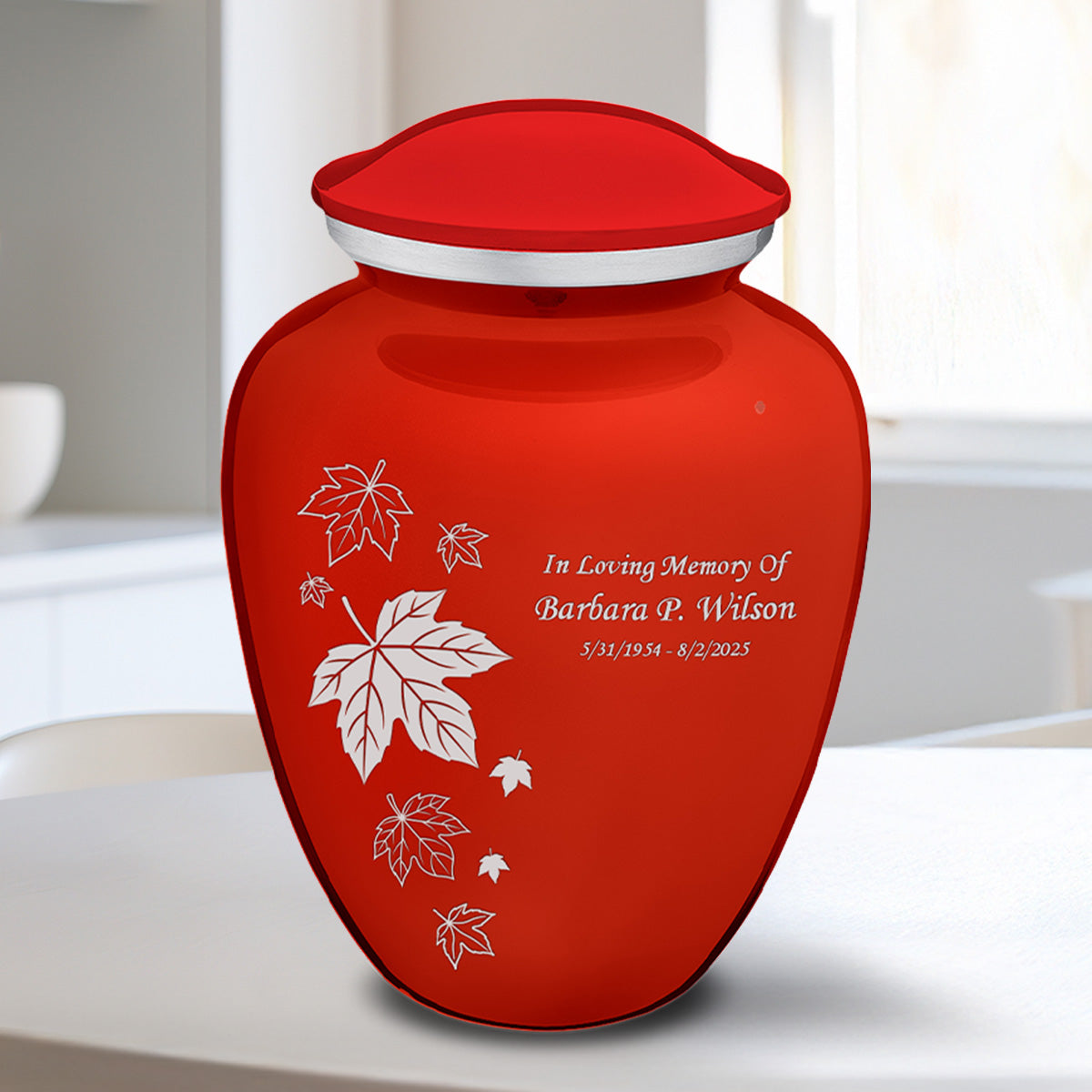Medium Embrace Bright Red Falling Leaves Cremation Urn