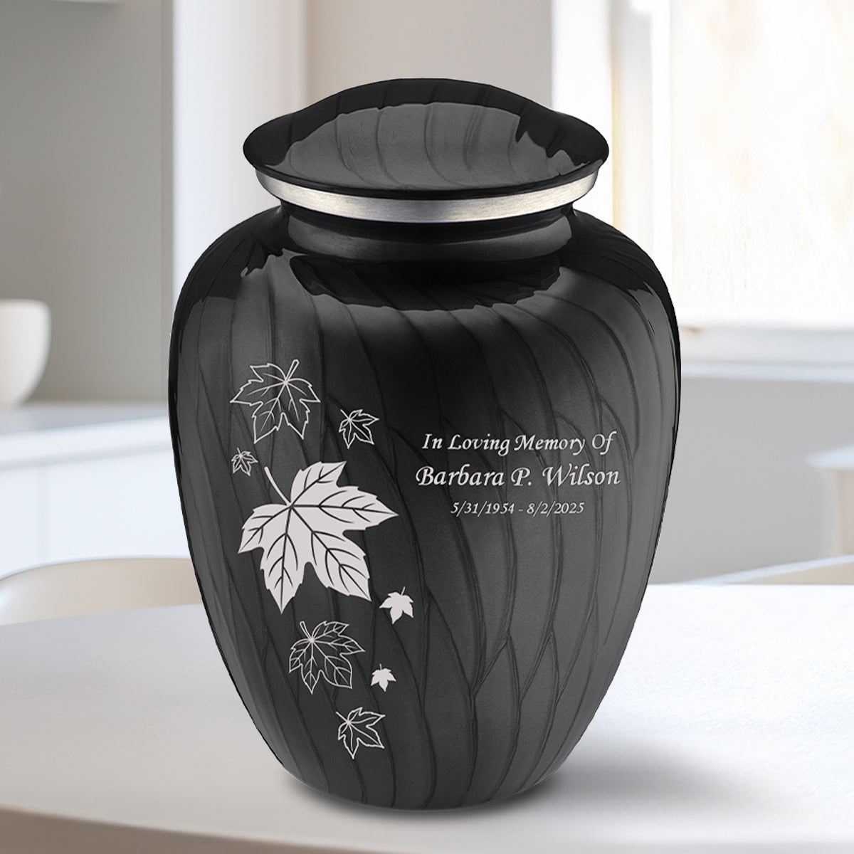 Medium Embrace Pearl Black Falling Leaves Cremation Urn
