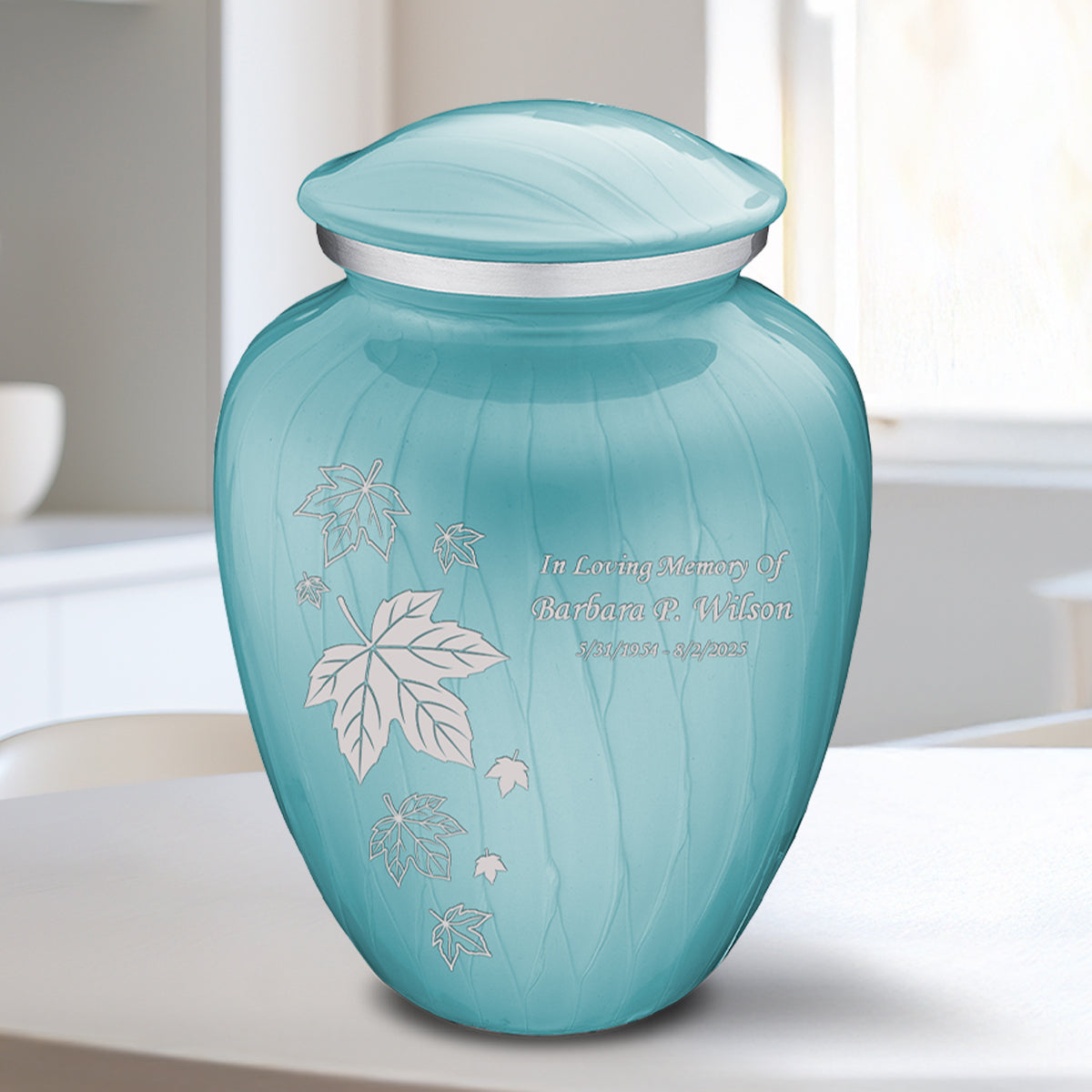 Medium Embrace Pearl Light Blue Falling Leaves Cremation Urn