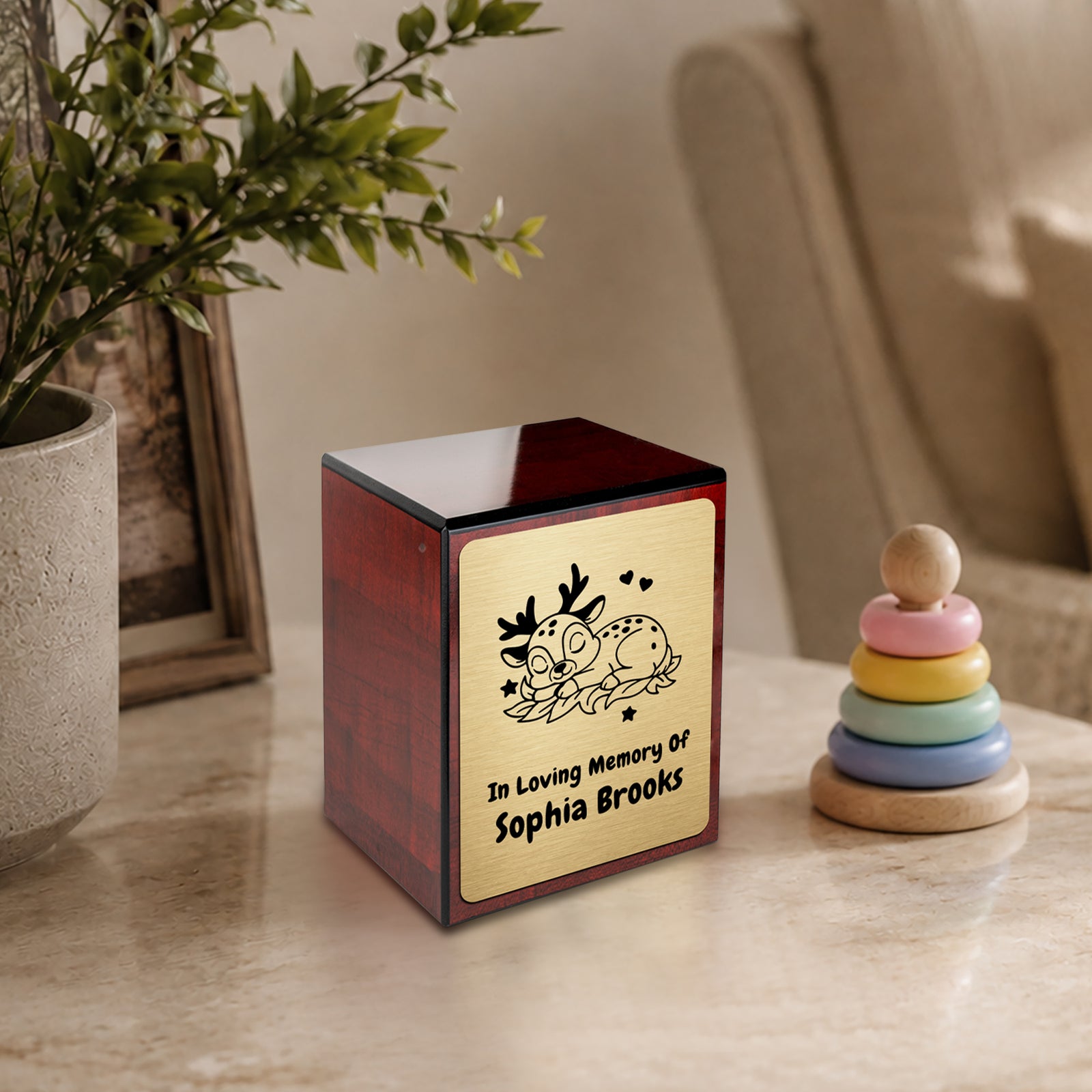 Custom Engraved Heritage Baby Deer Cherry Small Cremation Urn Memorial Box for Ashes