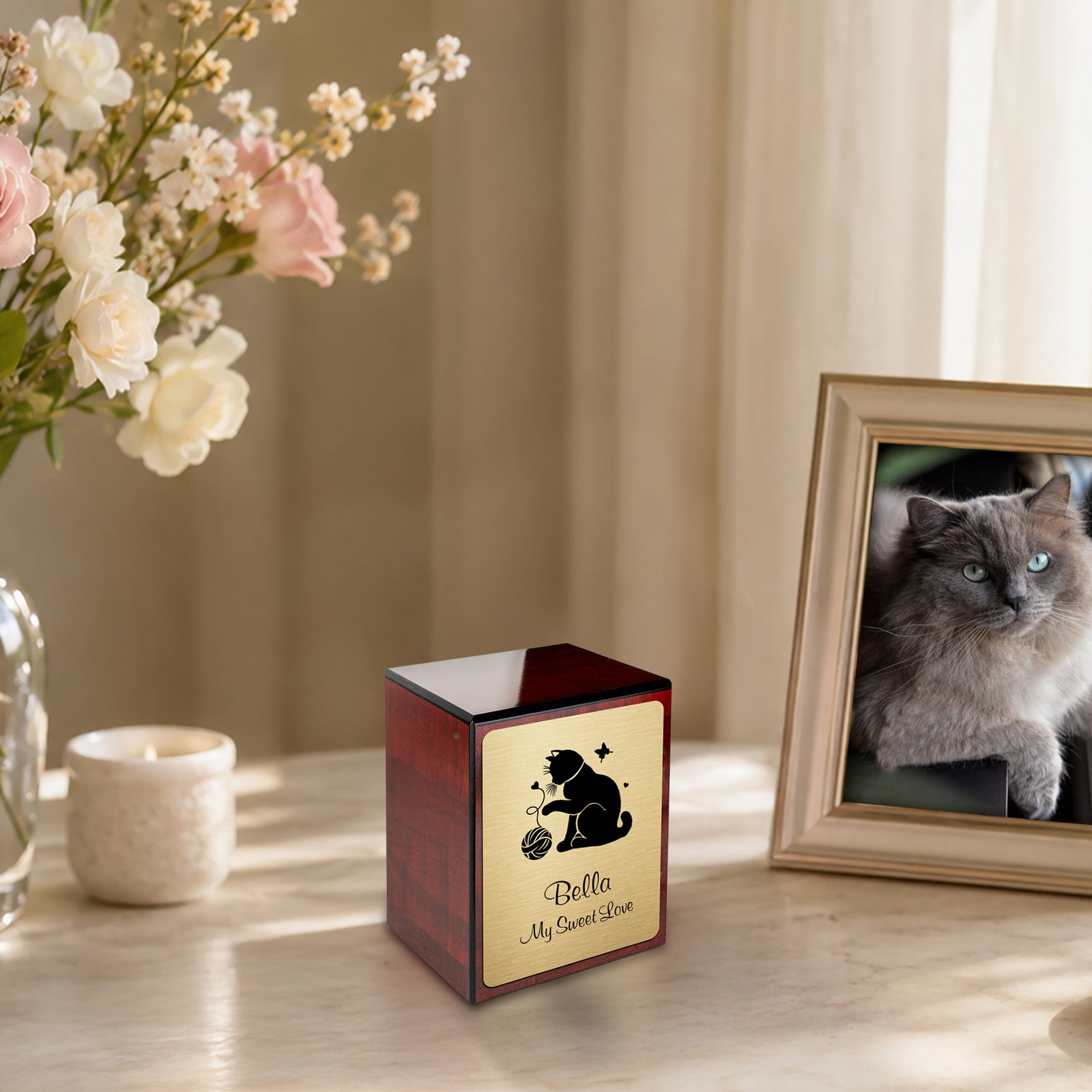 Custom Engraved Heritage Cherry Fun Cat Small Pet Cremation Urn Memorial Box for Ashes