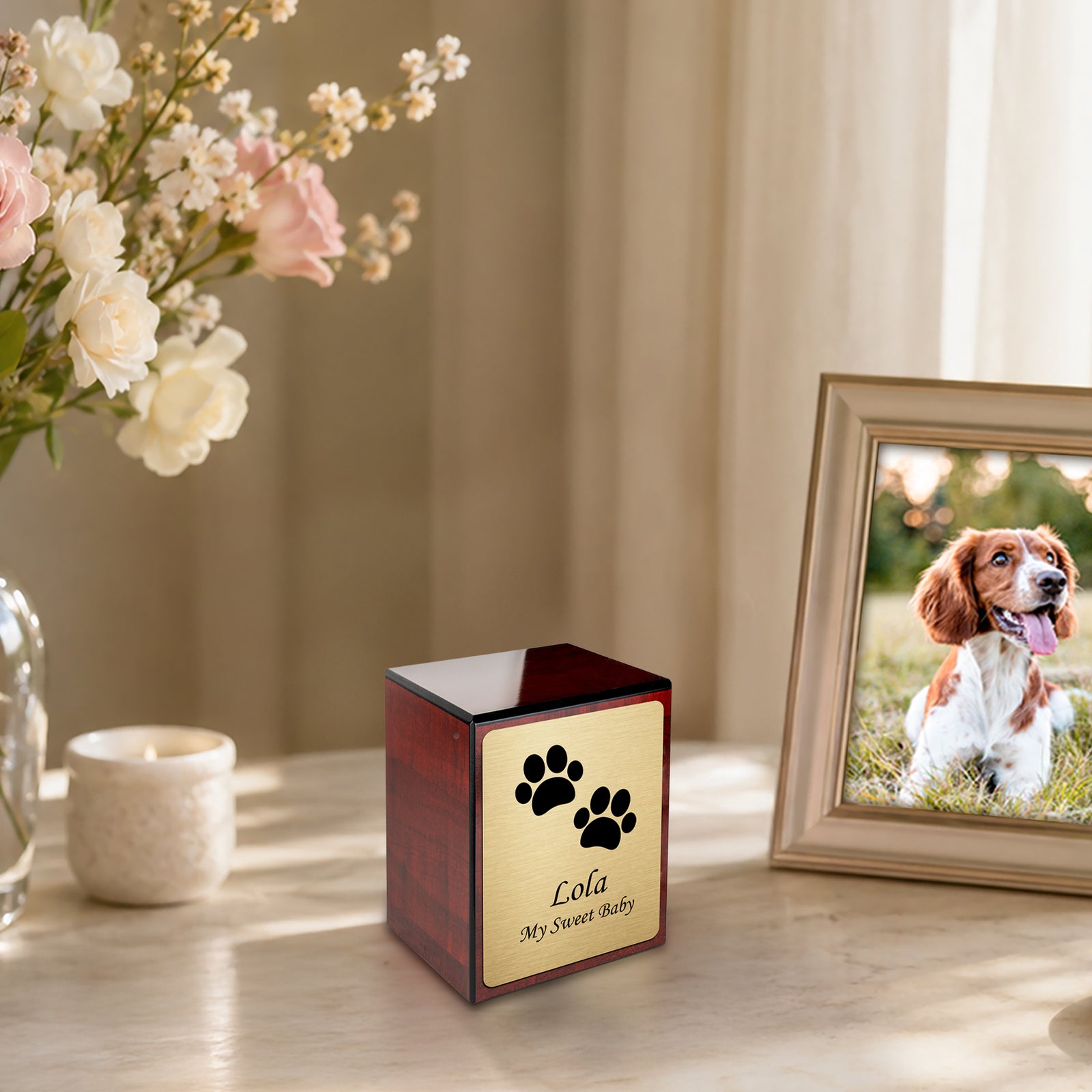 Custom Engraved Heritage Cherry Walking Paws Small Pet Cremation Urn Memorial Box for Ashes