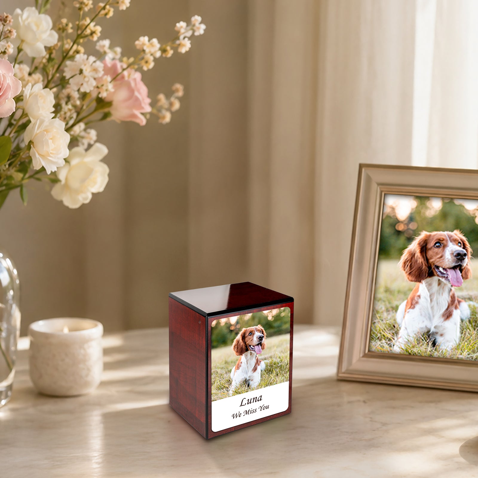 Custom Printed Portrait Small Heritage Cherry Photo Wood Box Pet Cremation Urn for Ashes