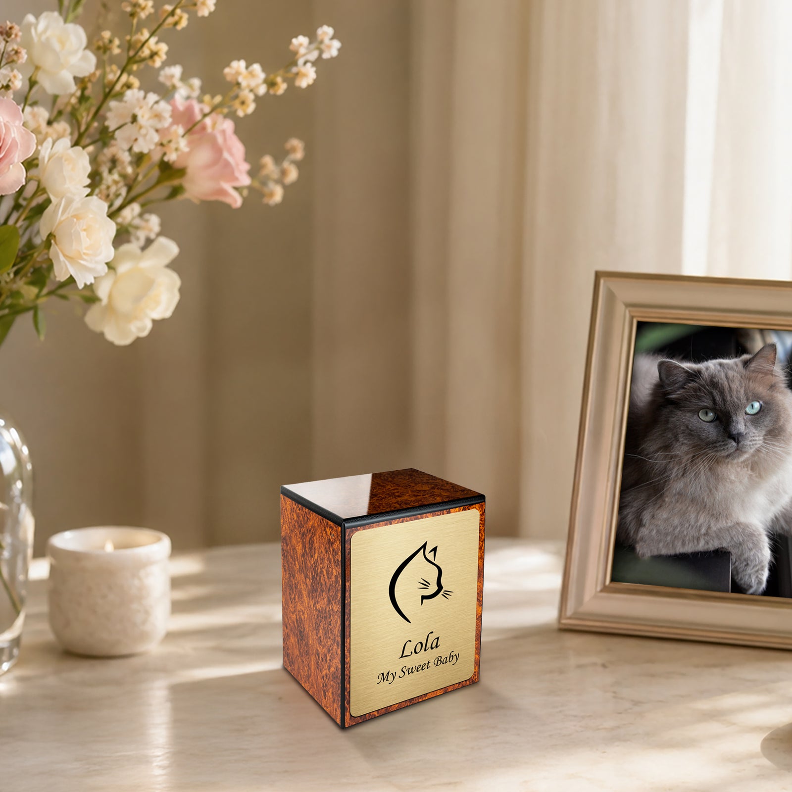 Custom Engraved Heritage Burl Cat Small Pet Cremation Urn Memorial Box for Ashes