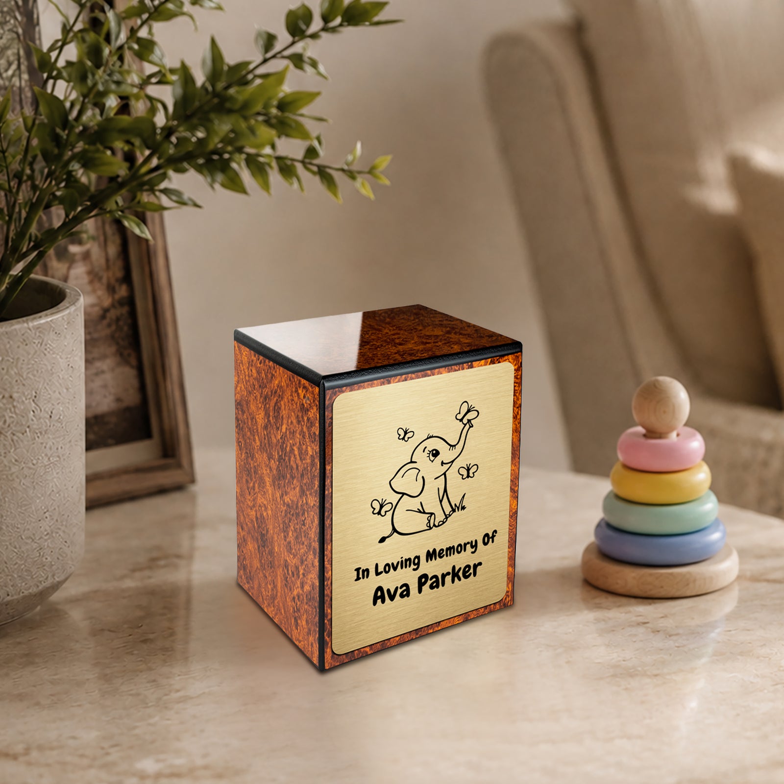 Custom Engraved Heritage Baby Elephant Butterflies Burl Small Cremation Urn Memorial Box for Ashes