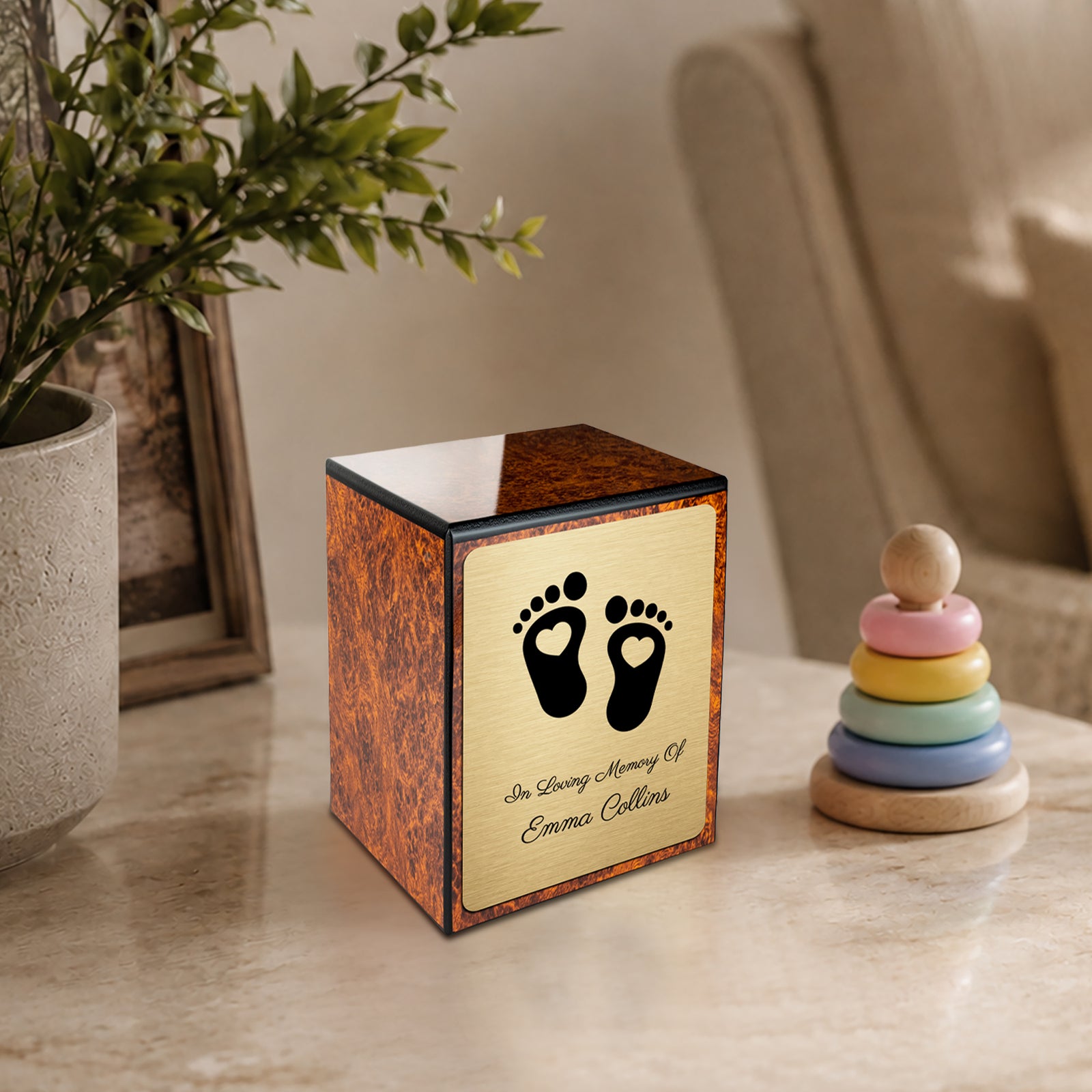 Custom Engraved Heritage Baby Heart Feet Burl Small Cremation Urn Memorial Box for Ashes