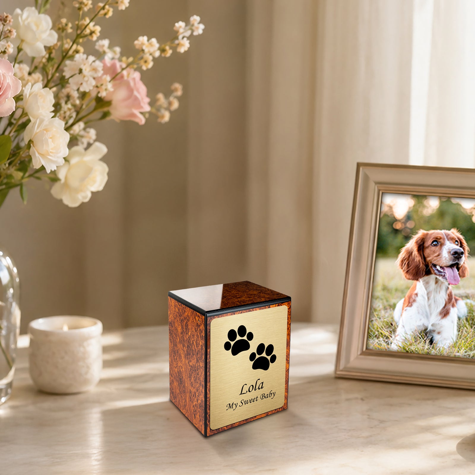 Custom Engraved Heritage Burl Walking Paws Small Pet Cremation Urn Memorial Box for Ashes