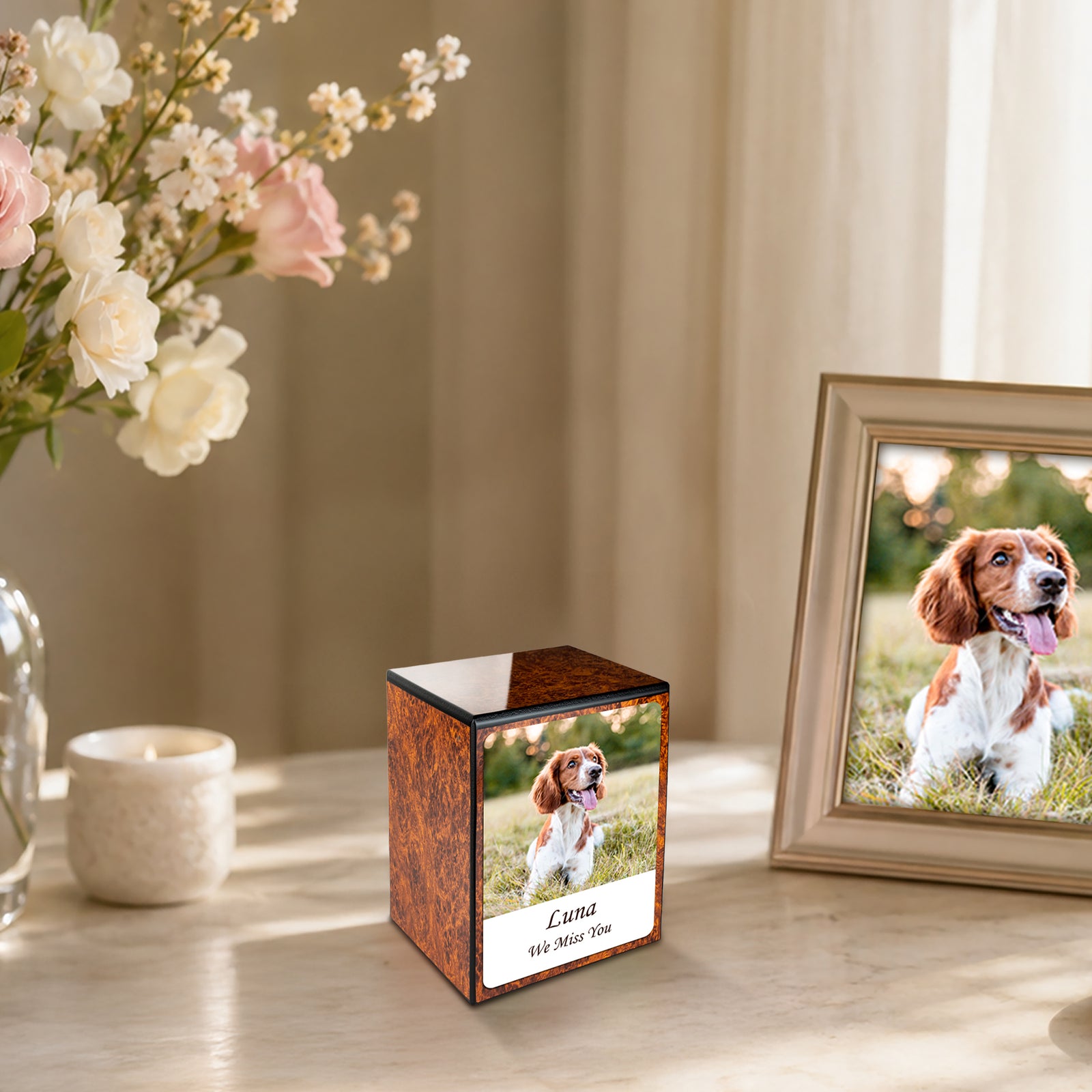 Custom Printed Portrait Small Heritage Burl Photo Wood Box Pet Cremation Urn for Ashes