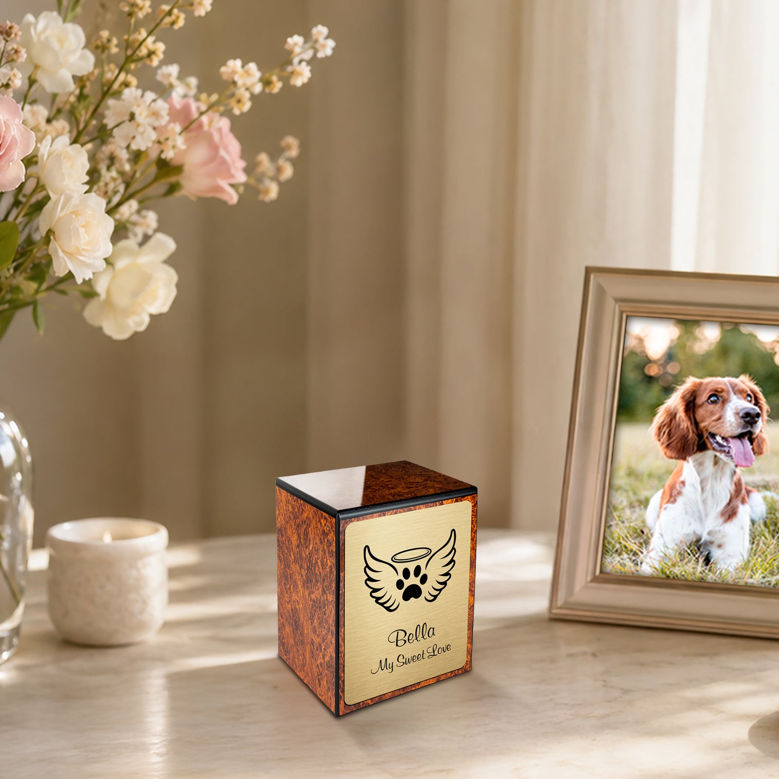Custom Engraved Heritage Burl Angel Wings Small Pet Cremation Urn Memorial Box for Ashes