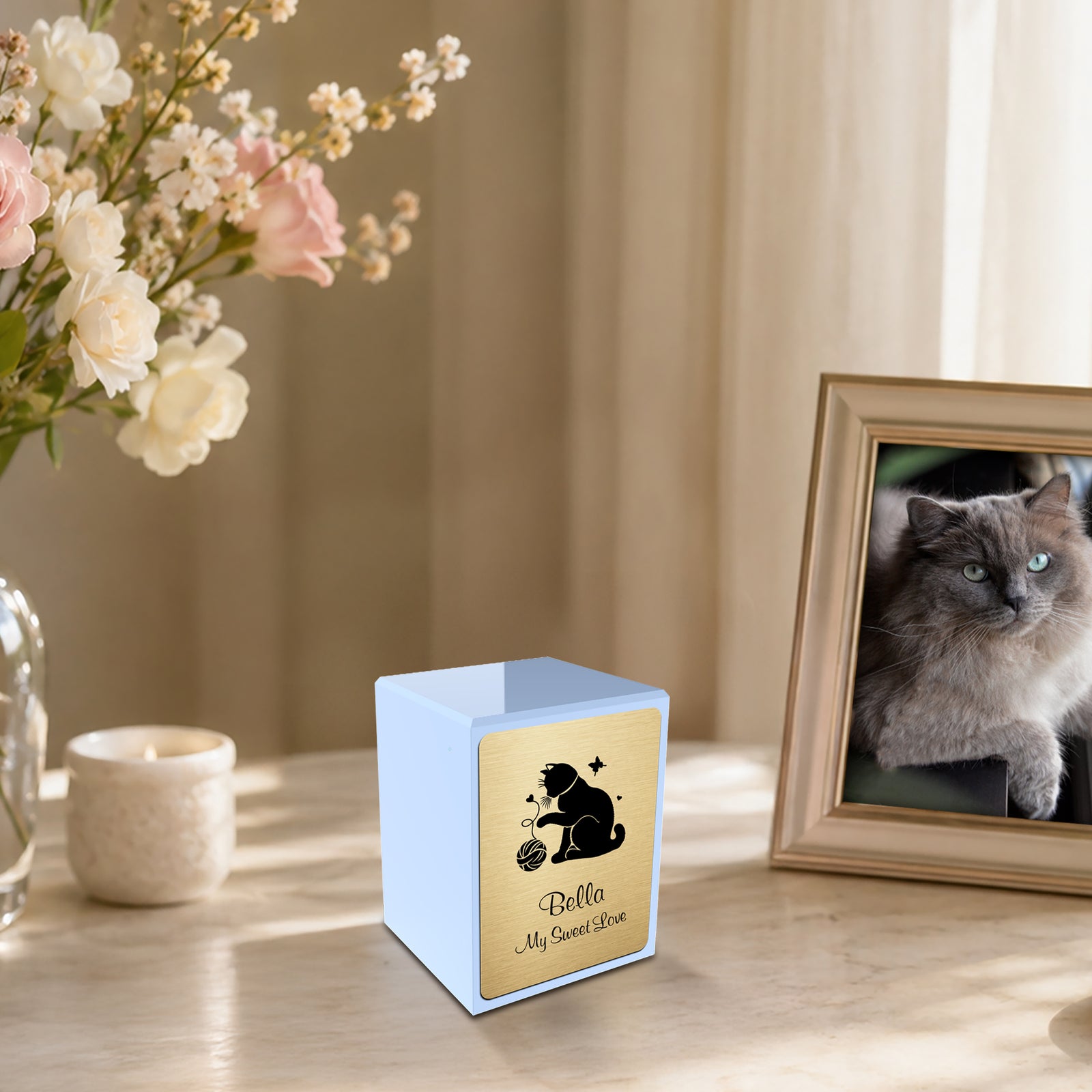 Custom Engraved Heritage Light Blue Fun Cat Small Pet Cremation Urn Memorial Box for Ashes