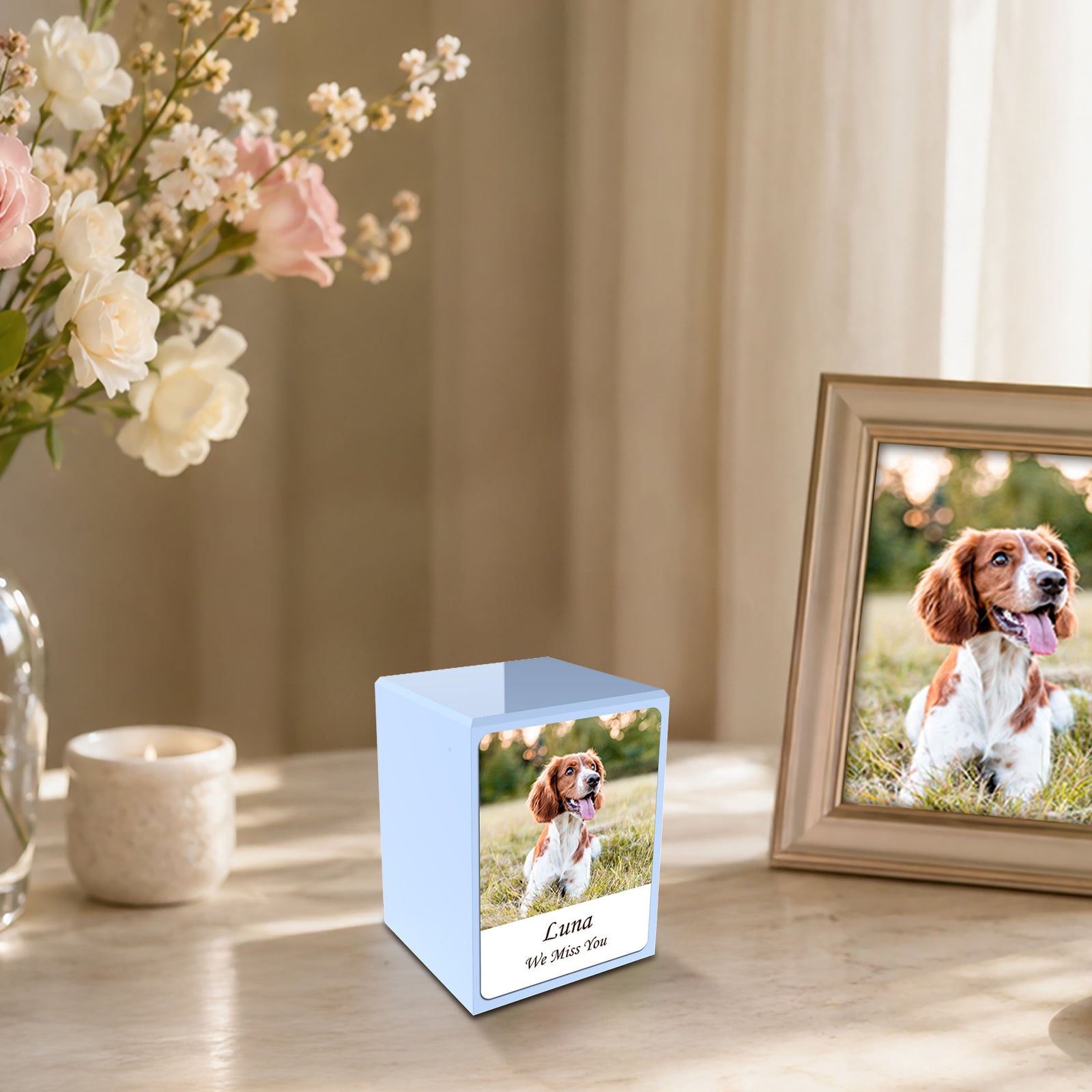 Custom Printed Portrait Small Heritage Light Blue Photo Wood Box Pet Cremation Urn for Ashes