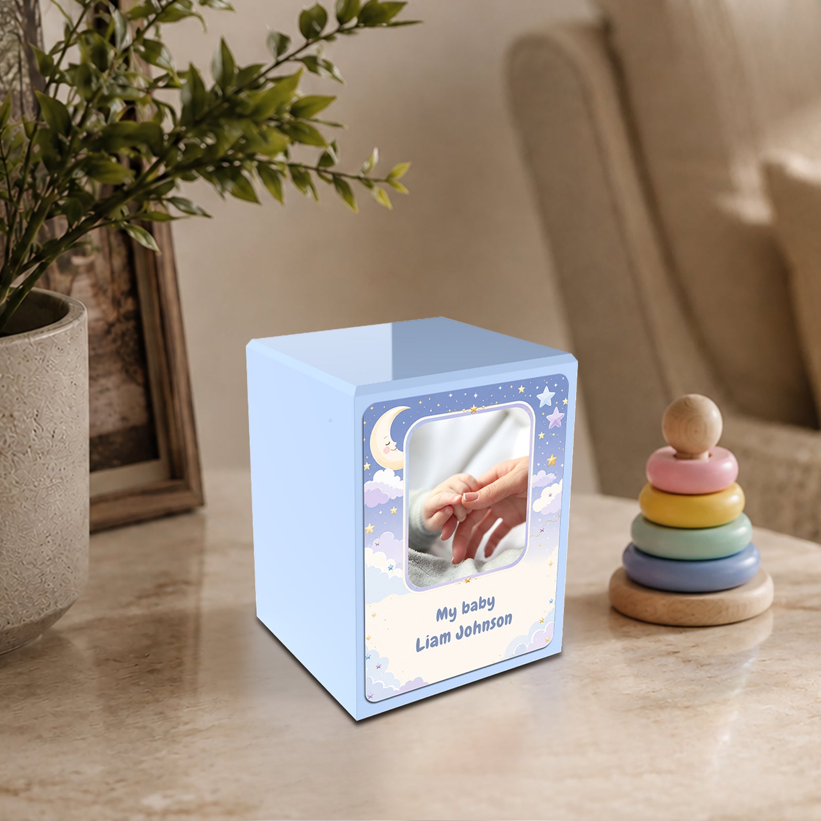 Custom Engraved Heritage Light Blue Star and Moon Small Child Cremation Urn Memorial Box for Ashes