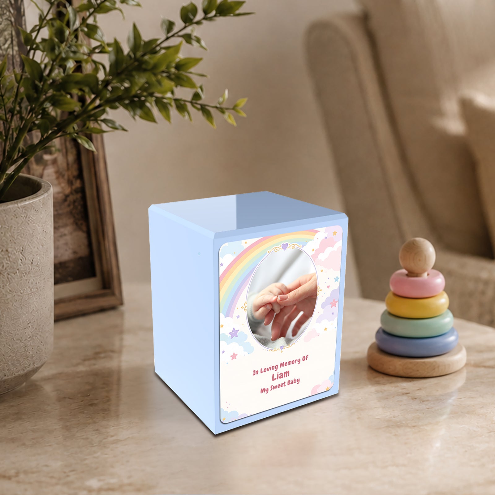 Custom Engraved Heritage Light Blue Rainbow and Clouds Small Child Cremation Urn Memorial Box for Ashes