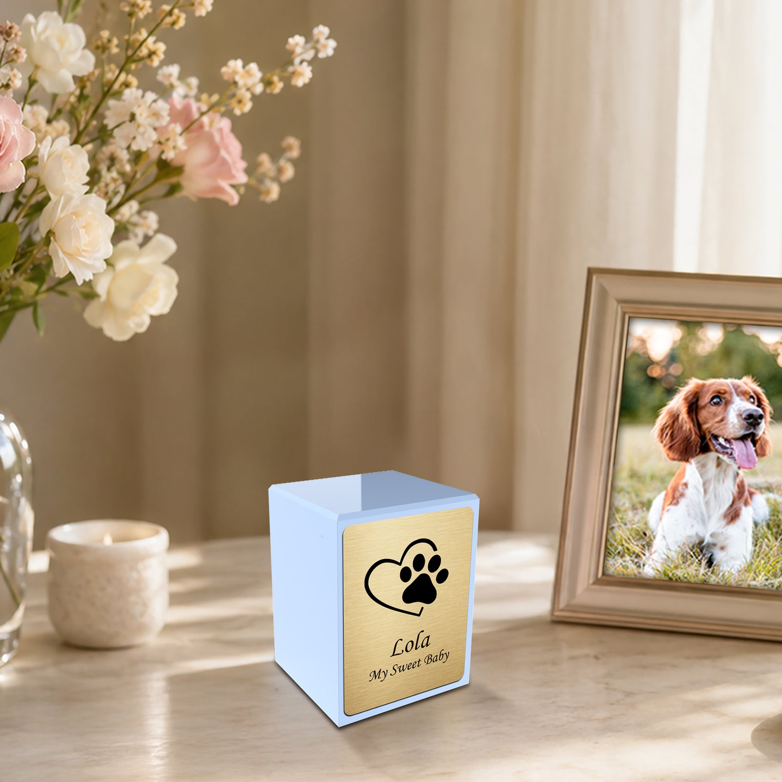 Custom Engraved Heritage Light Blue Single Paw Small Pet Cremation Urn Memorial Box for Ashes