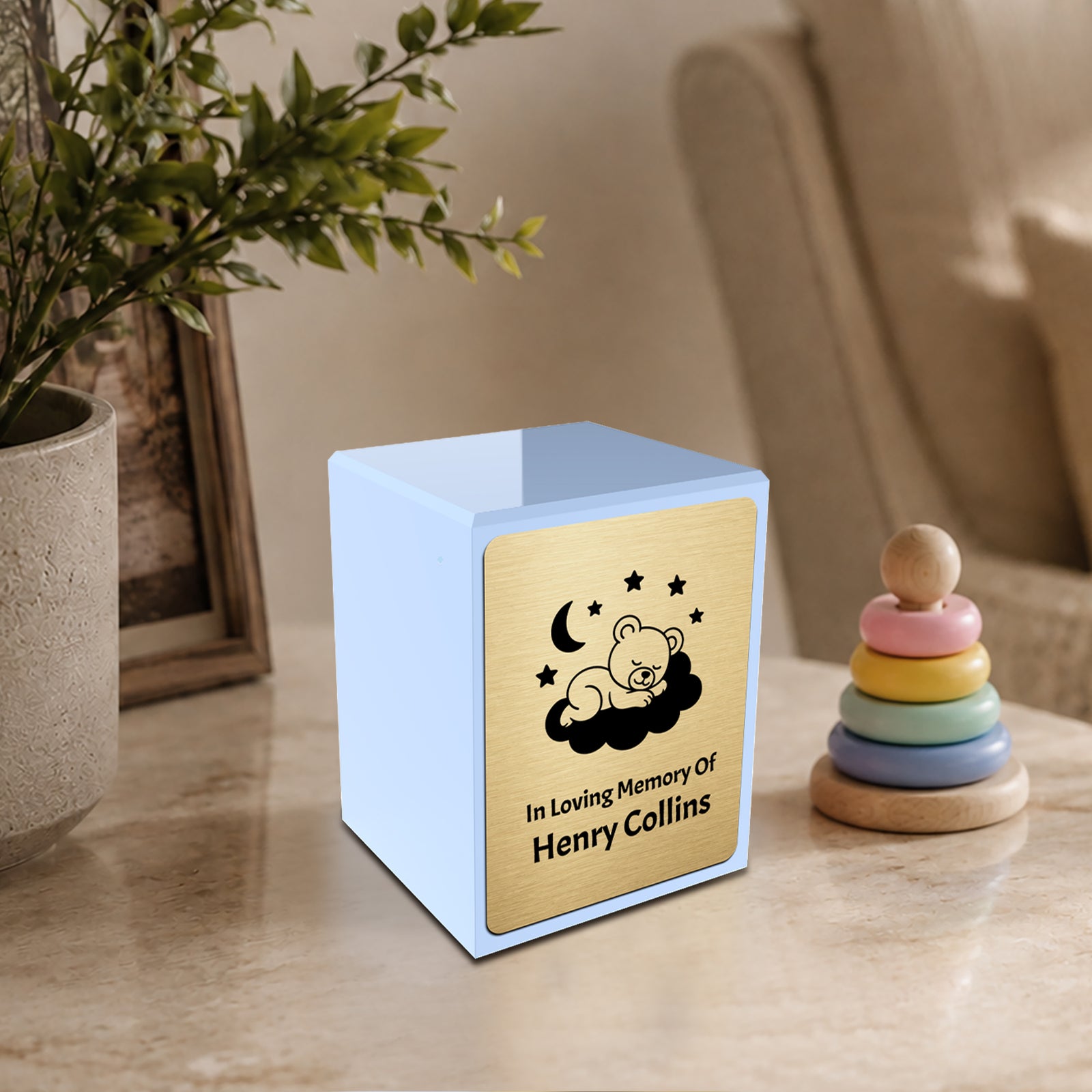 Custom Engraved Heritage Sleeping Teddy Light Blue Small Cremation Urn Memorial Box for Ashes