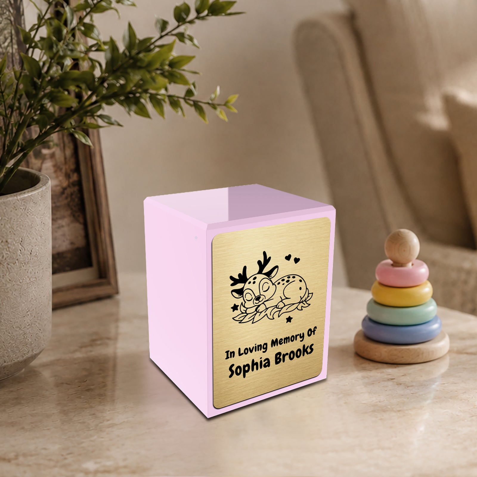 Custom Engraved Heritage Baby Deer Light Pink Small Cremation Urn Memorial Box for Ashes
