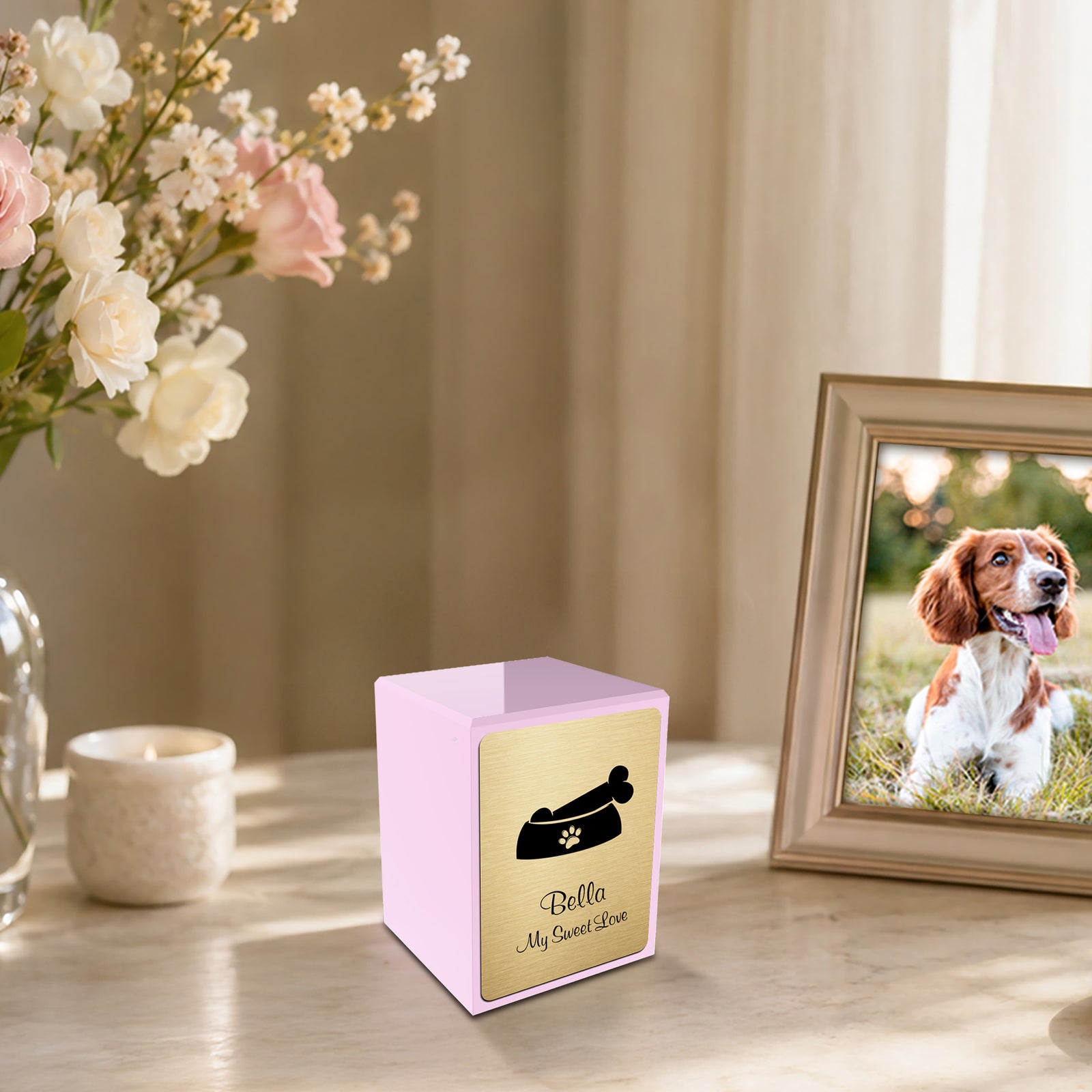 Custom Engraved Heritage Light Pink Dog Small Pet Cremation Urn Memorial Box for Ashes