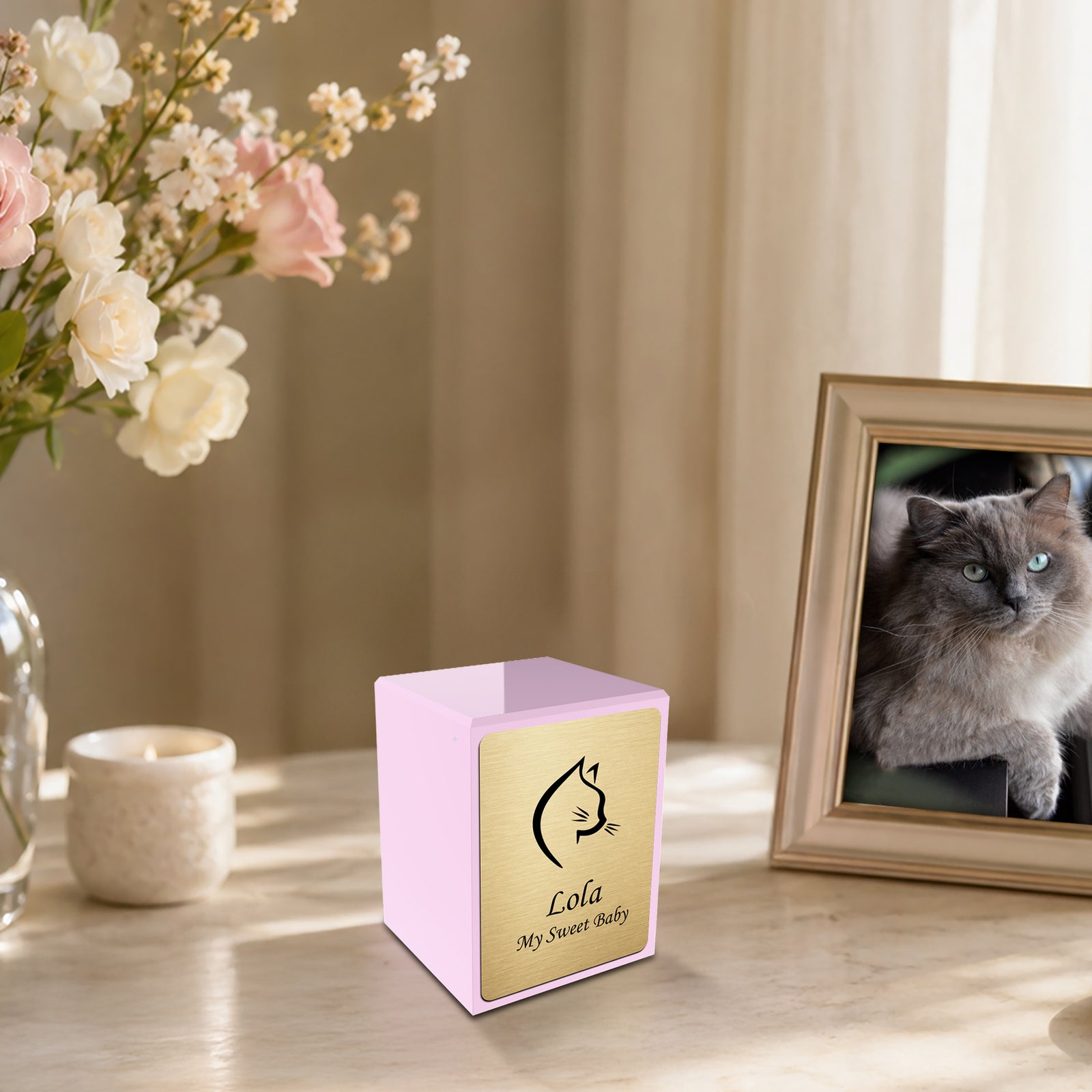 Custom Engraved Heritage Light Pink Cat Small Pet Cremation Urn Memorial Box for Ashes