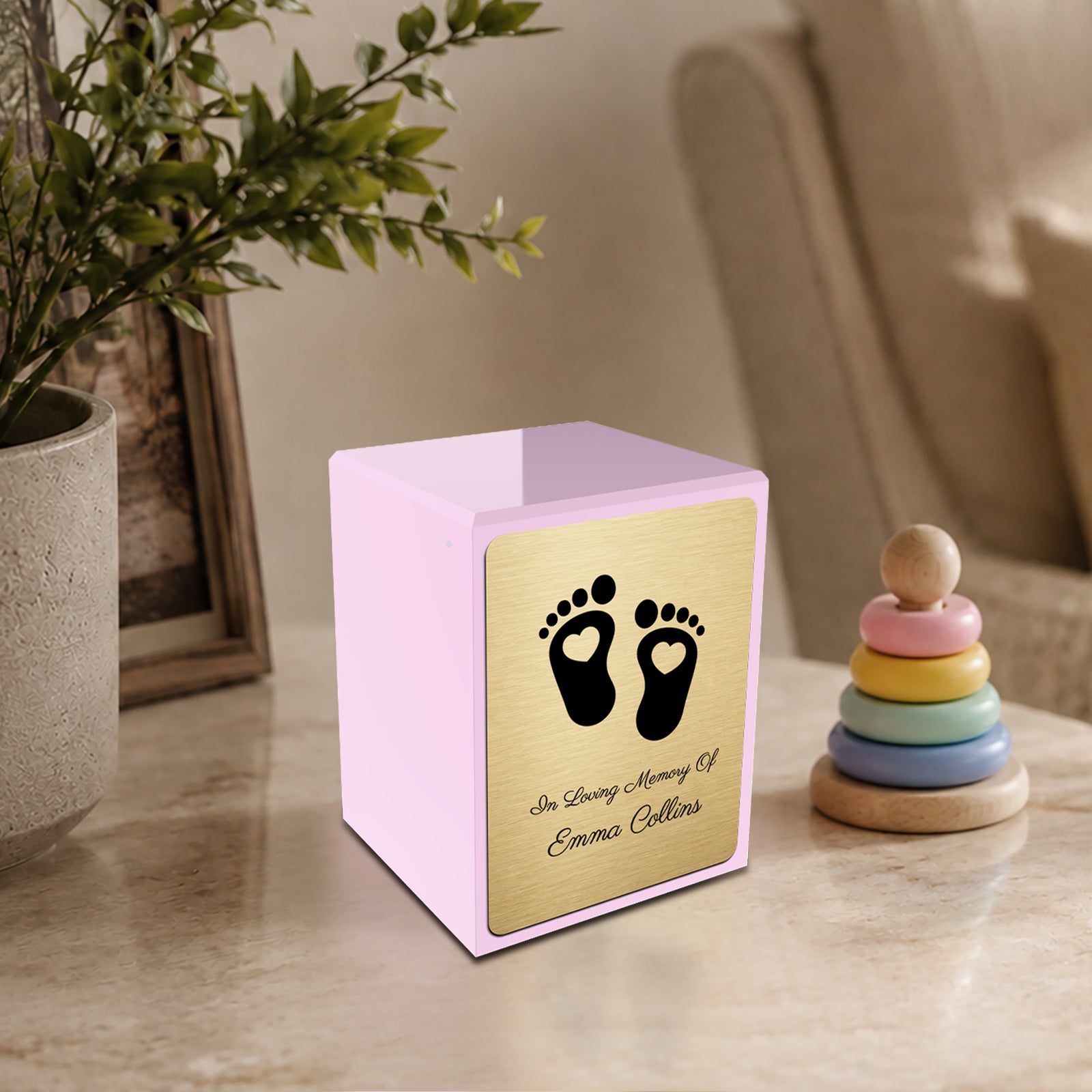 Custom Engraved Heritage Baby Heart Feet Light Pink Small Cremation Urn Memorial Box for Ashes