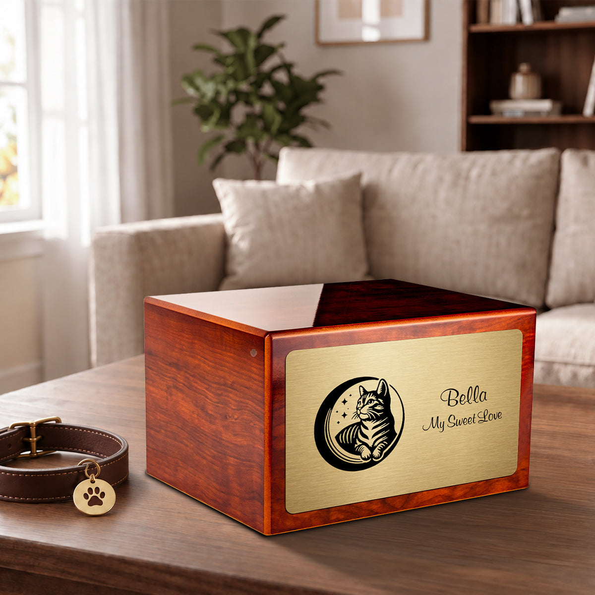 Heritage Rosewood Cute Cat Large Pet Cremation Box Urn